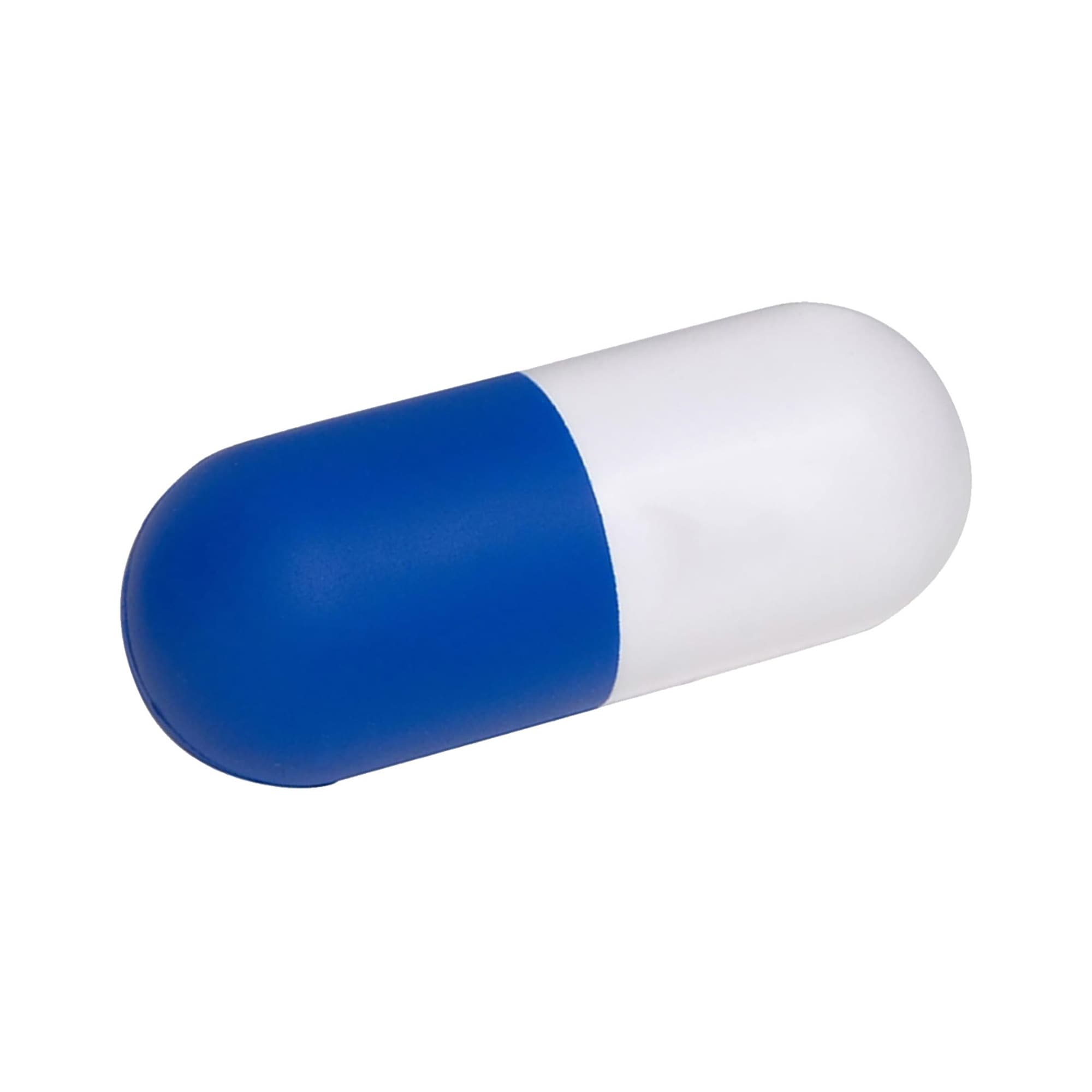 A blue and white capsule-shaped stress relief product with a smooth surface and rounded ends, featuring a logo. Stress Pill Capsule - Image 1