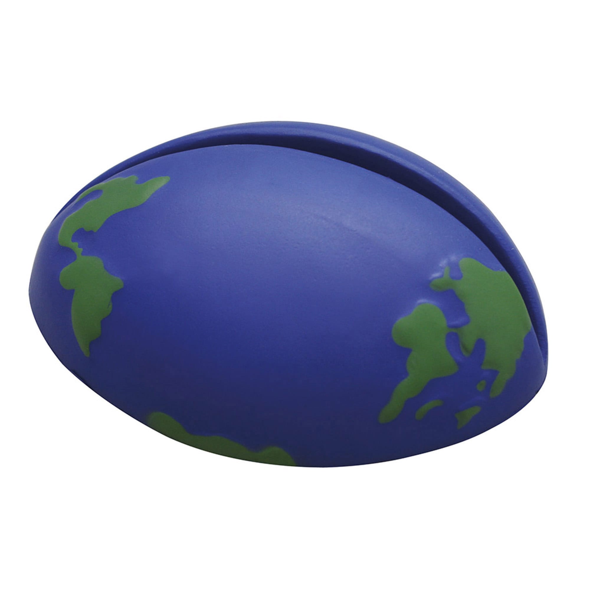 A blue and green stress paper holder shaped like a globe, featuring a smooth surface and a slot for paper. Stress Earth Paper Holder - Image 1