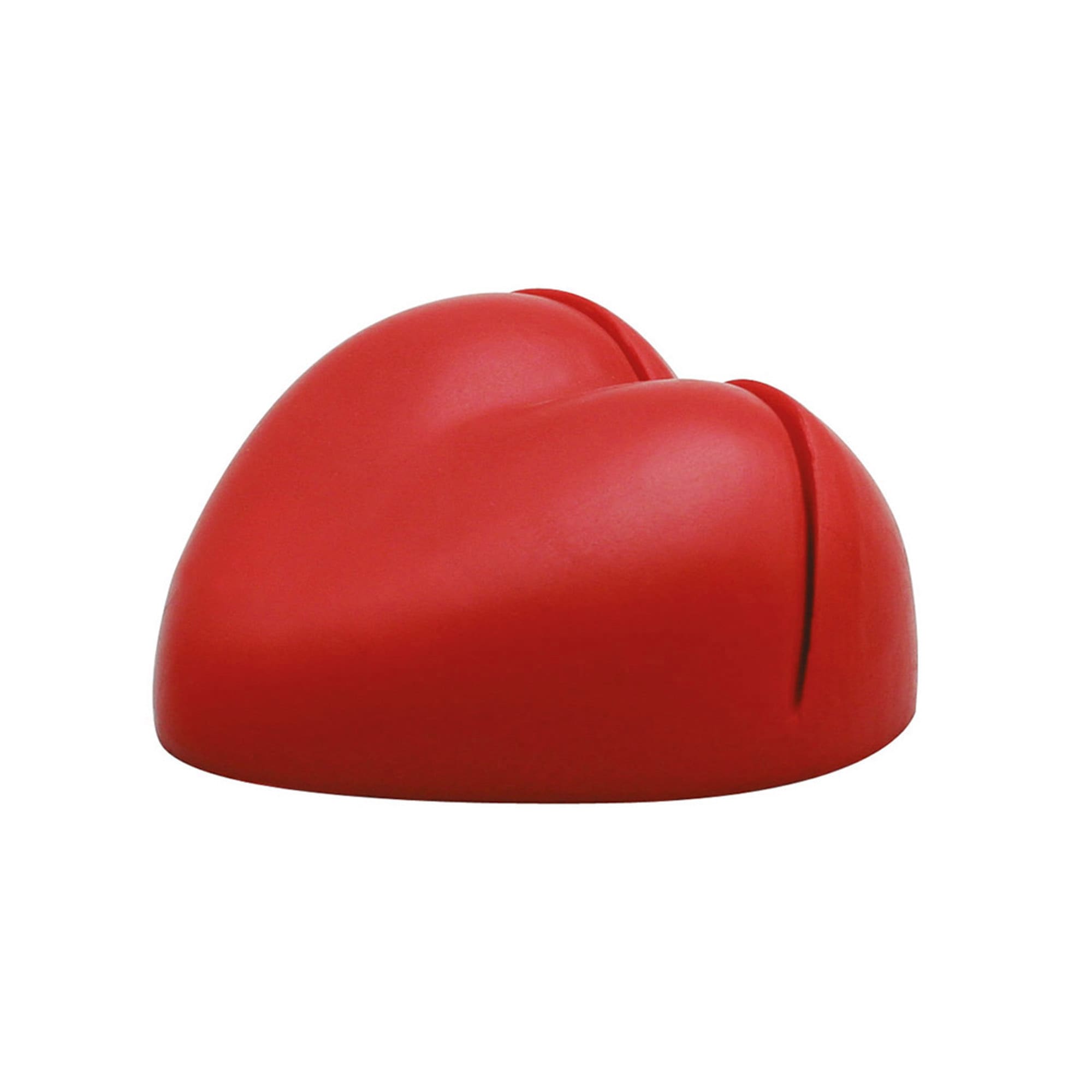 A red heart-shaped paper holder with a slot for holding papers, featuring a smooth, rounded design and a logo. Stress Heart Paper Holder - Image 1
