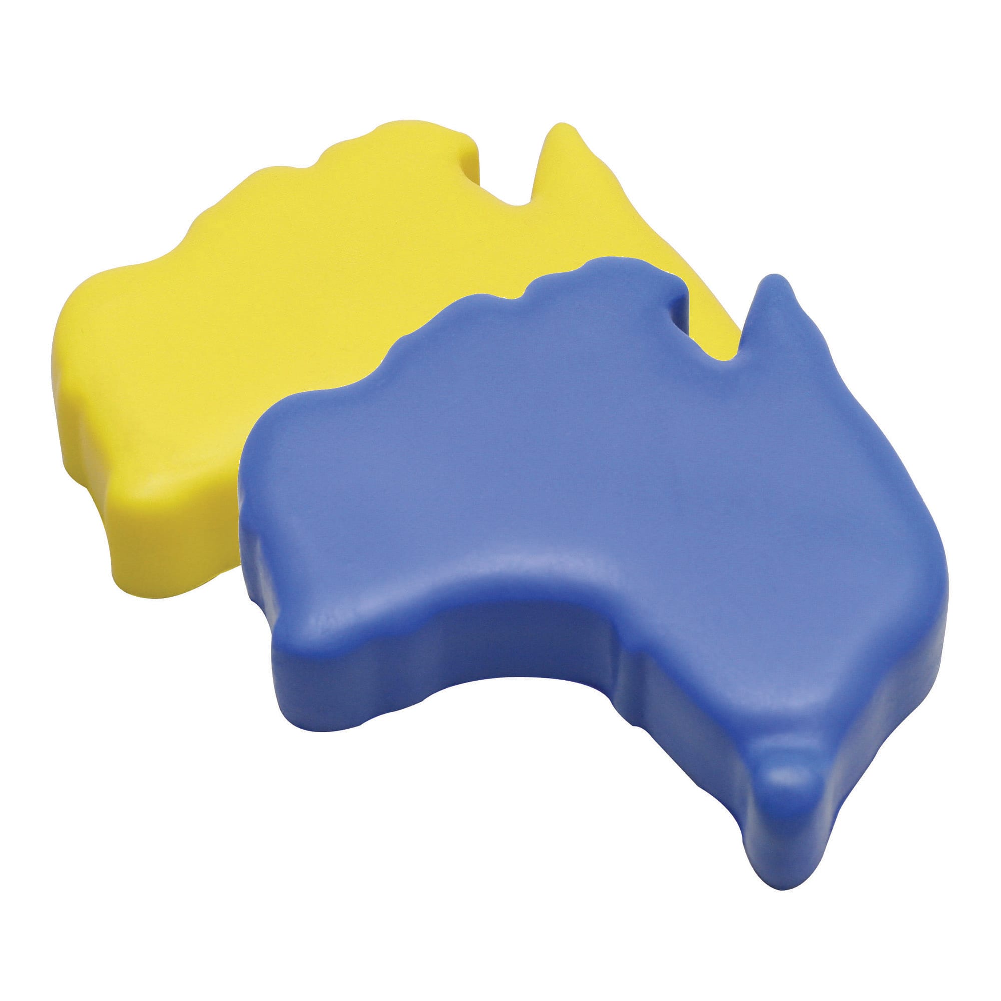 Two stress shapes resembling the map of Australia, one in blue and one in yellow, with a simple design. Stress Aussie Map - Image 1
