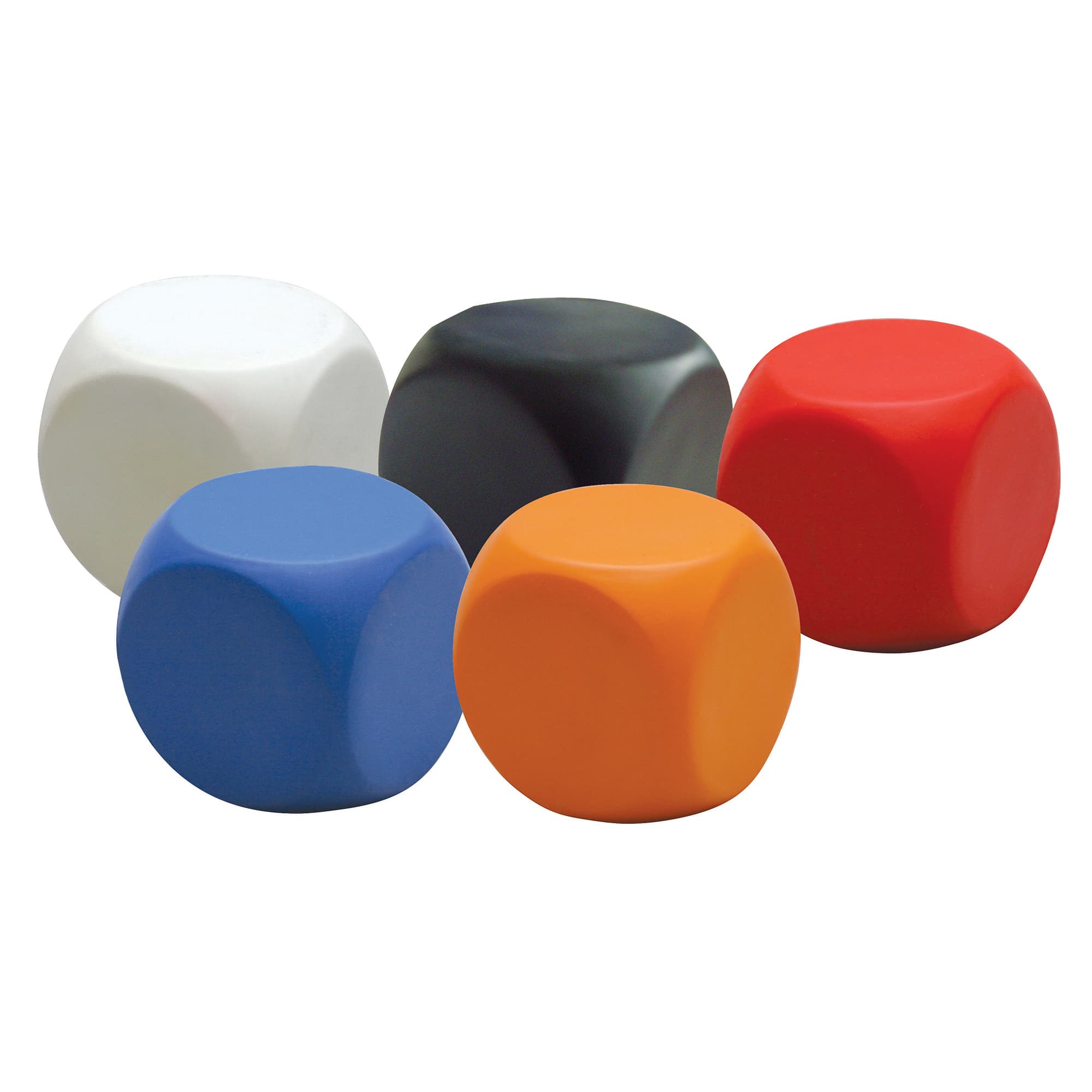 A set of five stress round cubes in red, blue, black, white, and orange, featuring a smooth surface and rounded edges. Stress Round Cube - Image 1