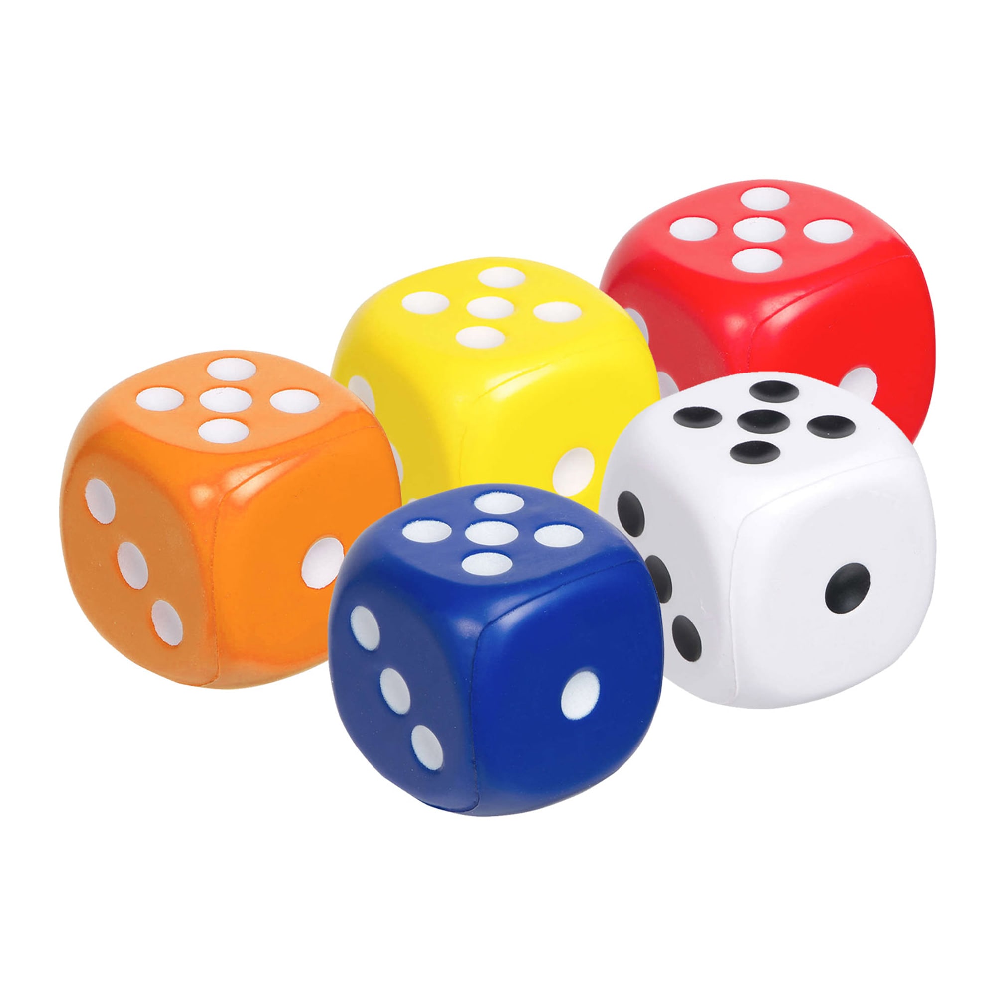 Five large, novelty dice in orange, yellow, red, blue, and white with black and white dots. Includes a logo. Stress Large Dice - Image 1