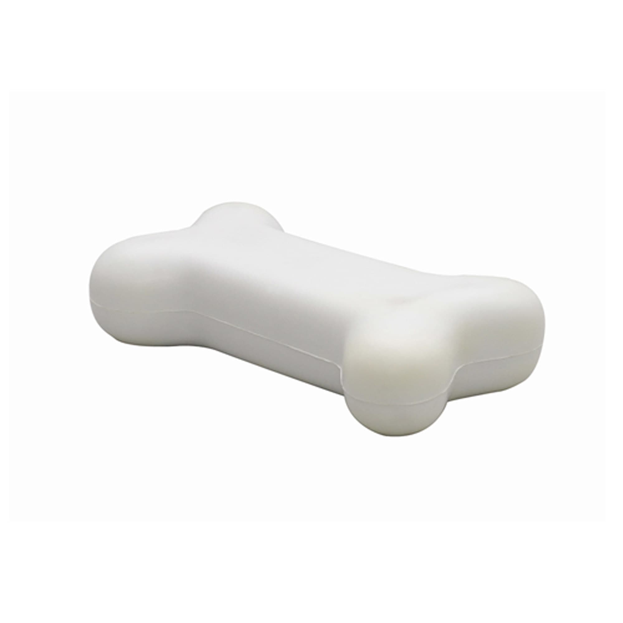 A white stress relief toy shaped like a dog bone, with a smooth, rounded design. It features a logo on the side. Stress Bone - Image 1