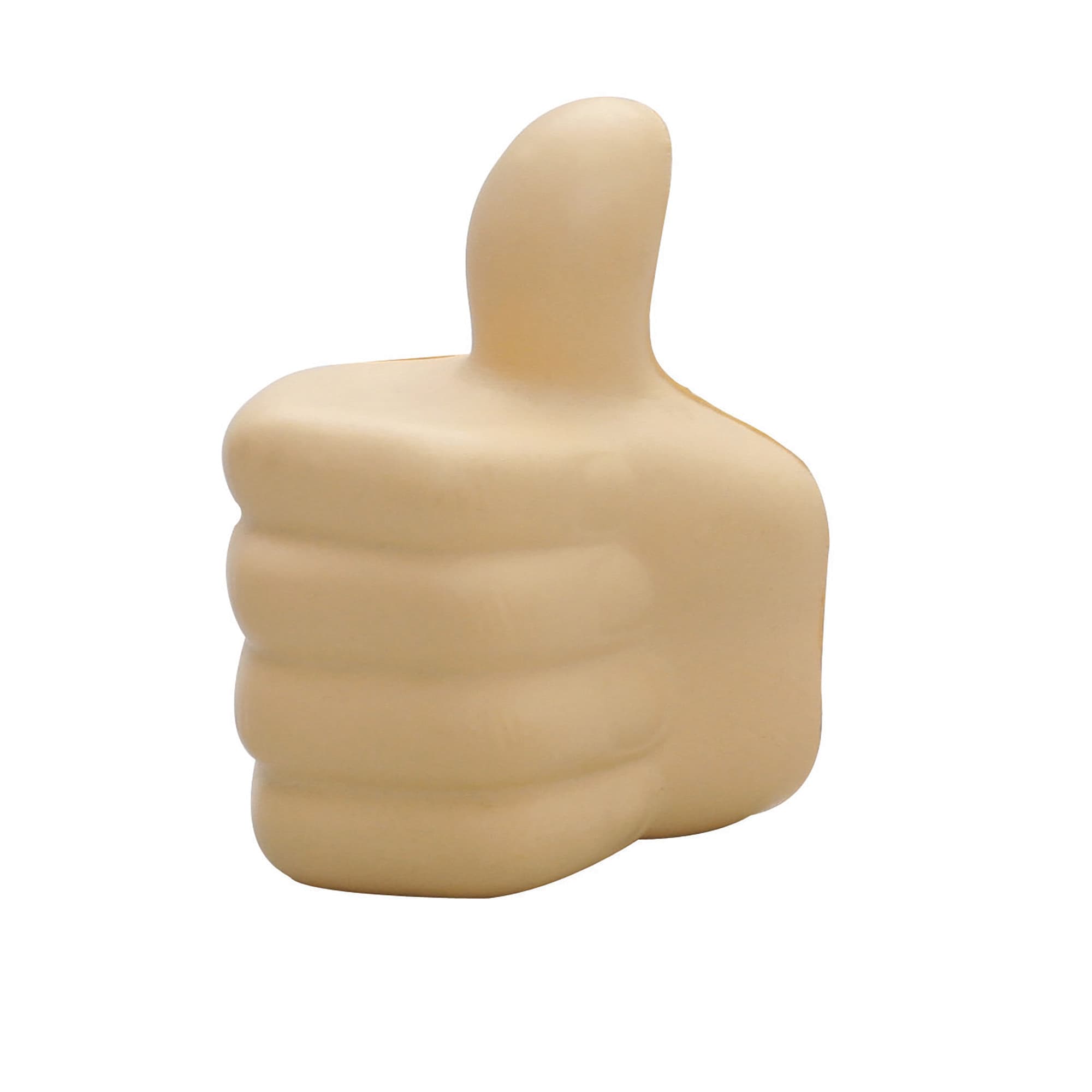 A beige stress relief thumb shaped product with a solid design. It features a logo on its surface. Stress Thumb - Image 1