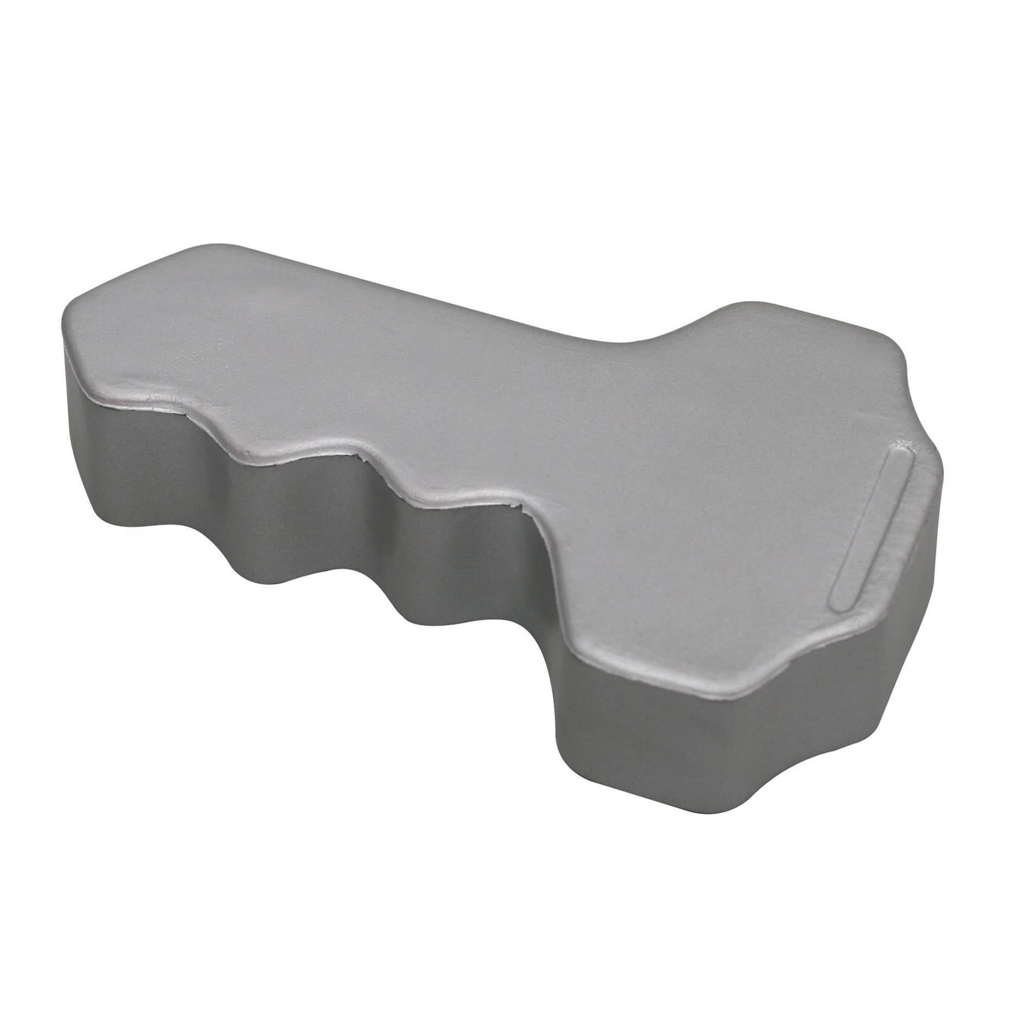 A grey key-shaped stress keyring with a smooth surface and ergonomic design. It has a simple branding logo. Stress Key - Image 1