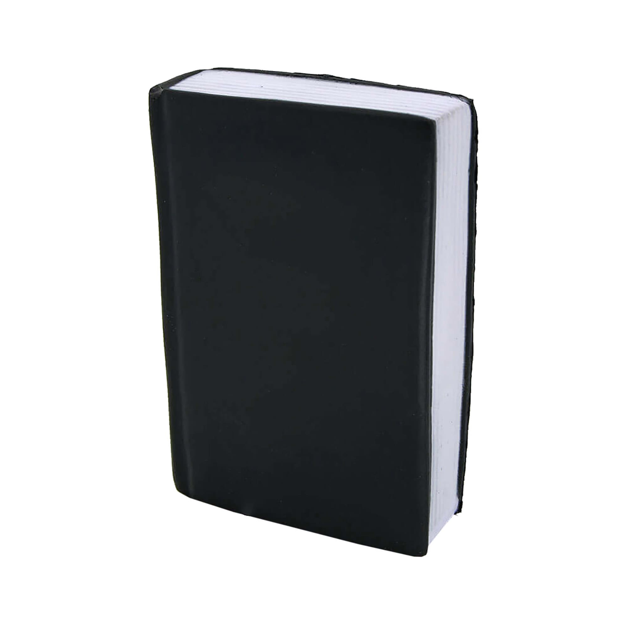 A black stress toy shaped like a book, featuring a textured cover and white pages. It has a logo on the side. Stress Book - Image 1