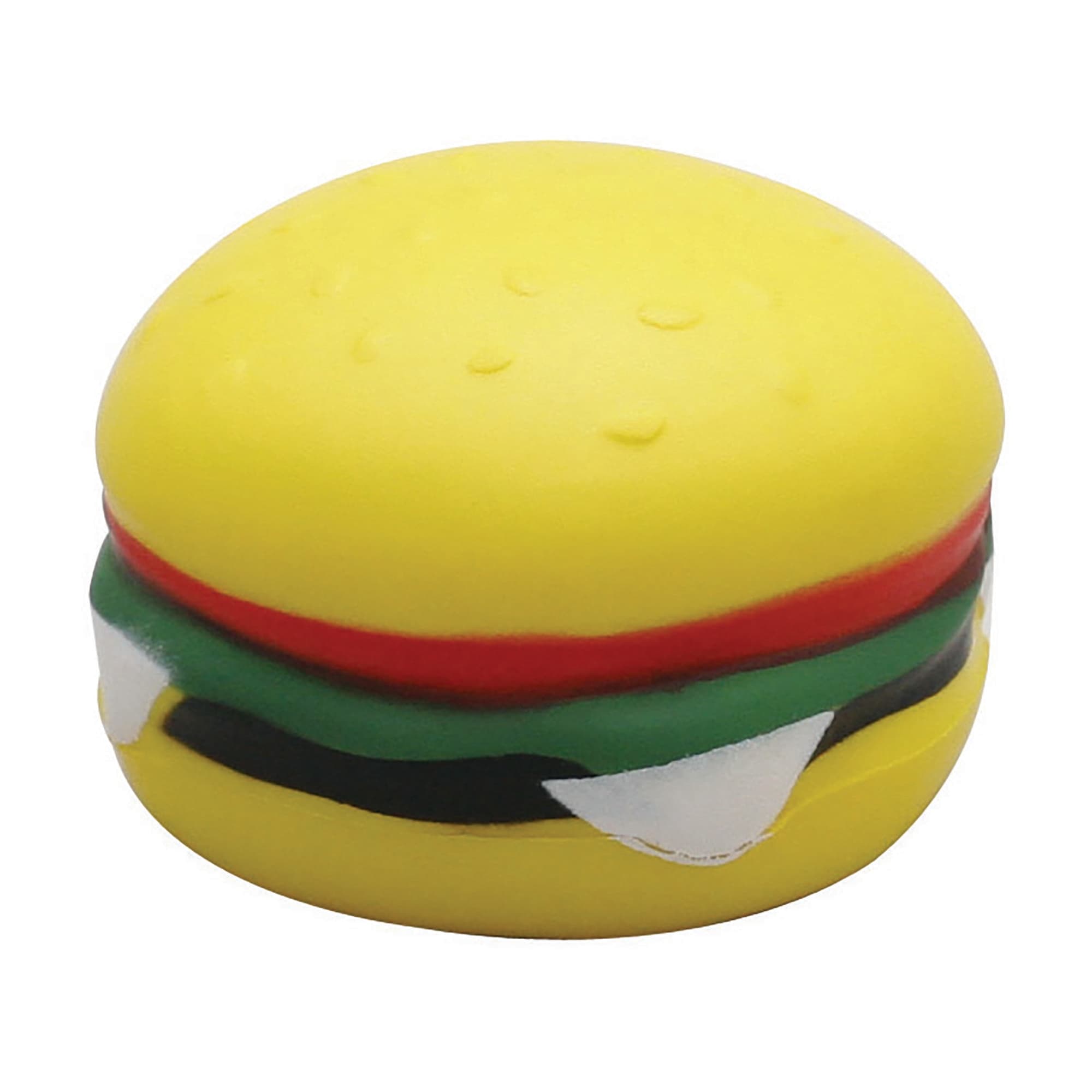 A stress hamburger keyring in yellow with green, red, and black detailing, featuring a smooth finish. Stress Hamburger - Image 1