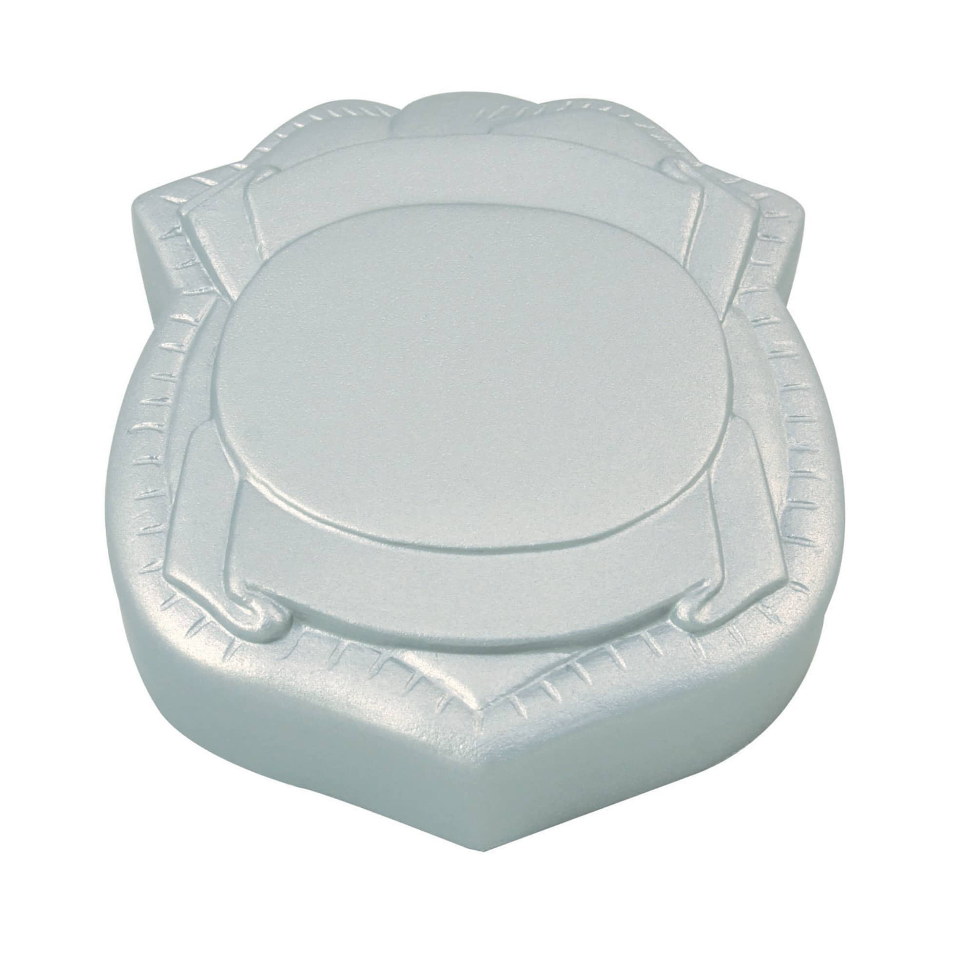A light blue stress badge in a shield shape, featuring a smooth, rounded surface and a textured border. Stress Badge - Image 1