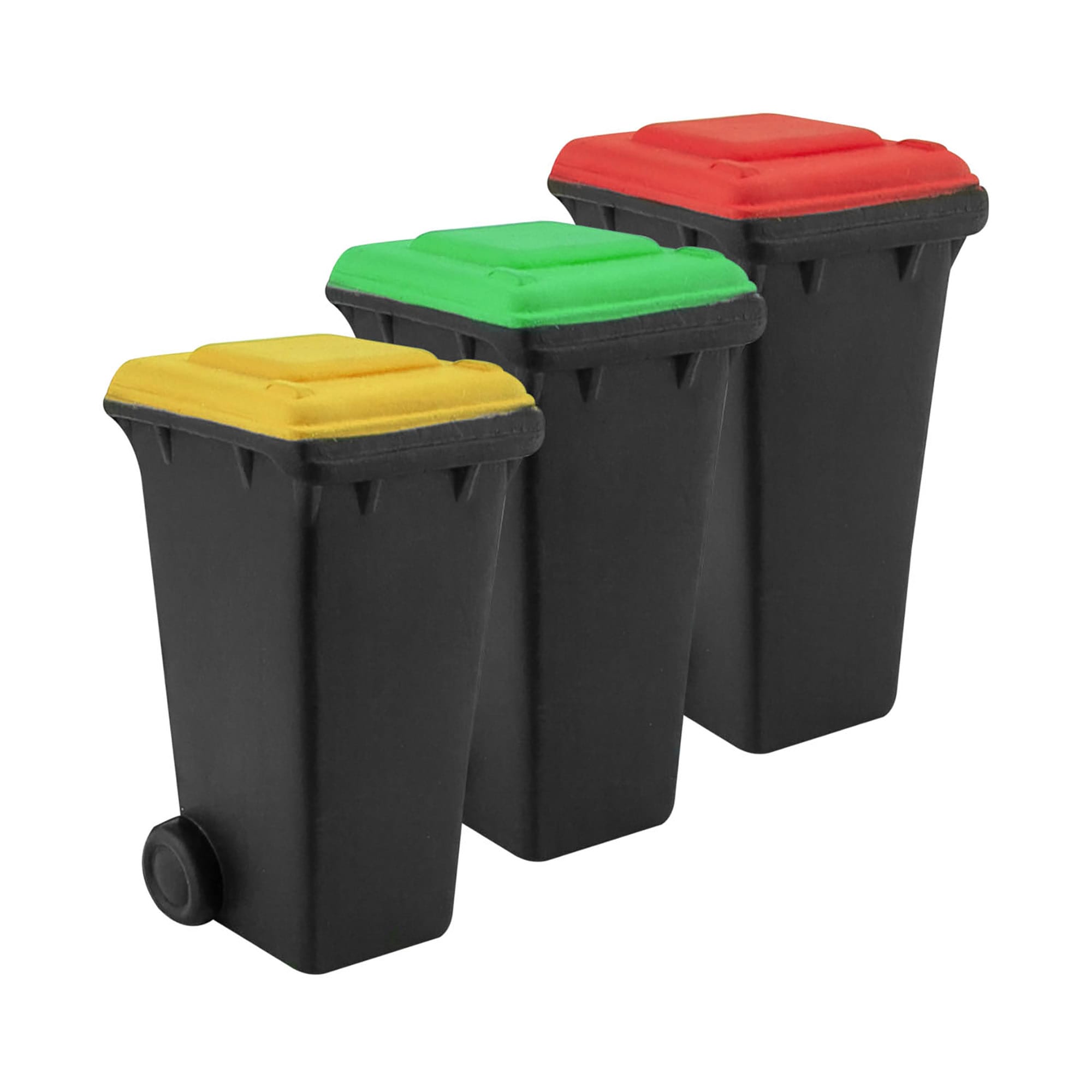 A set of three small rubbish bins in black with yellow, green, and red lids, each featuring a wheel for mobility. Stress Rubbish Bin - Image 1