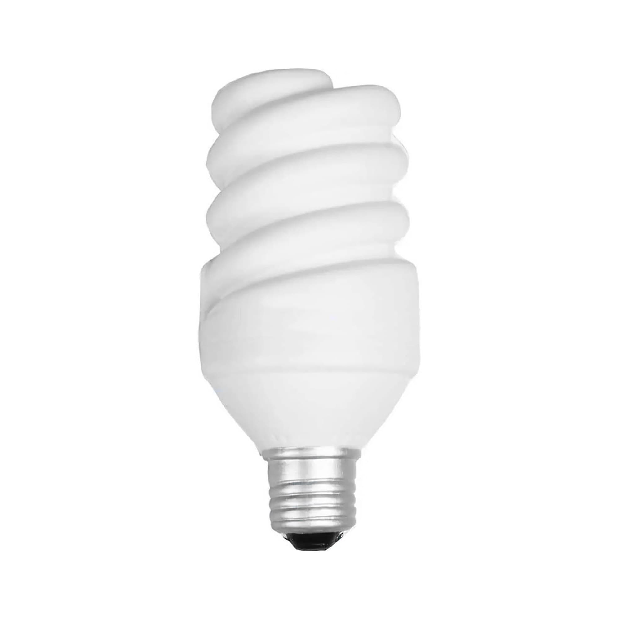 A white, spiral-shaped energy-saving light bulb with a silver base. It features a logo. Stress Energy Saving Light Bulb - Image 1