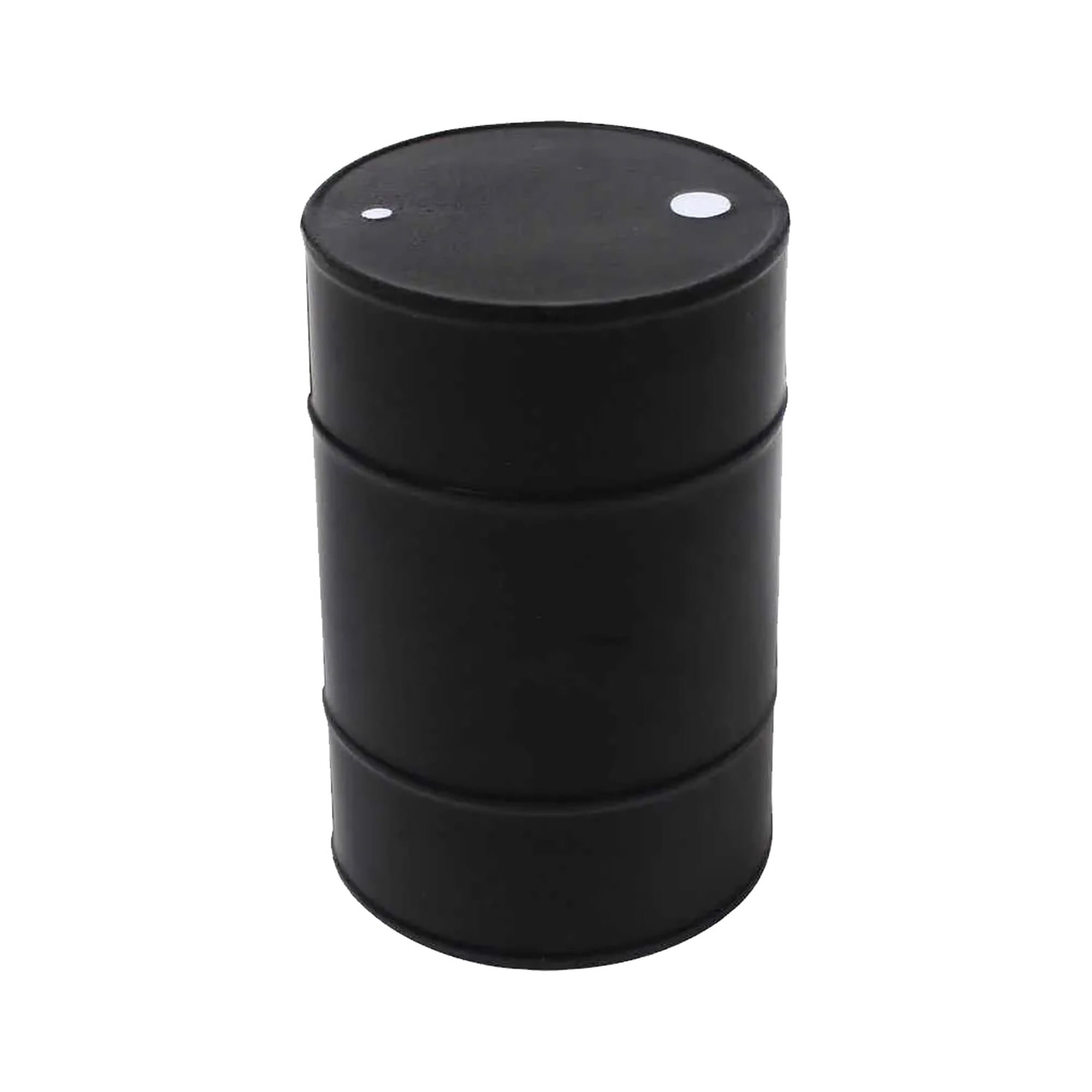A black stress oil drum featuring a cylindrical shape with two circular details on top and a branded logo. Stress Oil Drum - Image 1