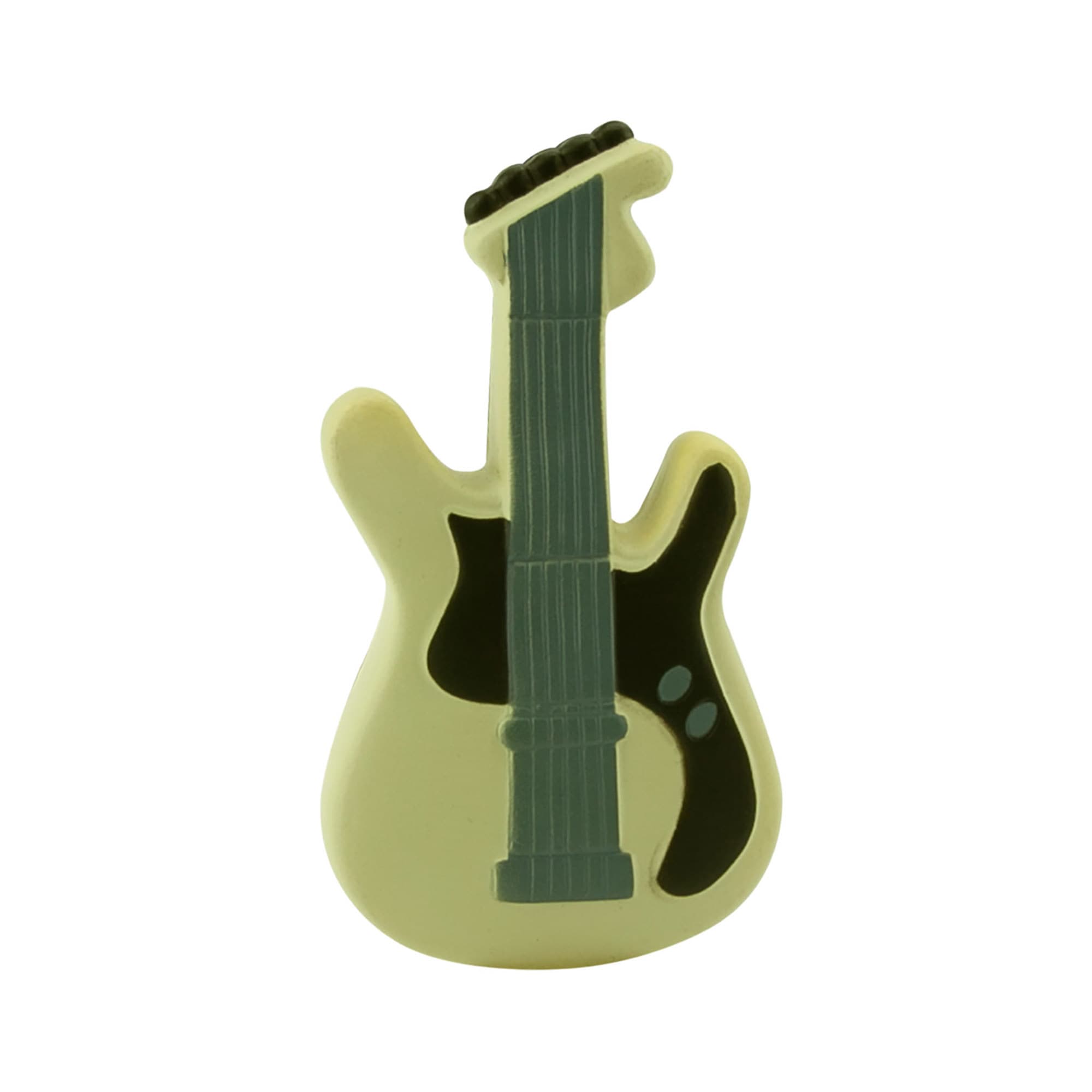 A stress toy shaped like a guitar, featuring a cream body and dark green details. It has a logo on the surface. Stress Guitar - Image 1