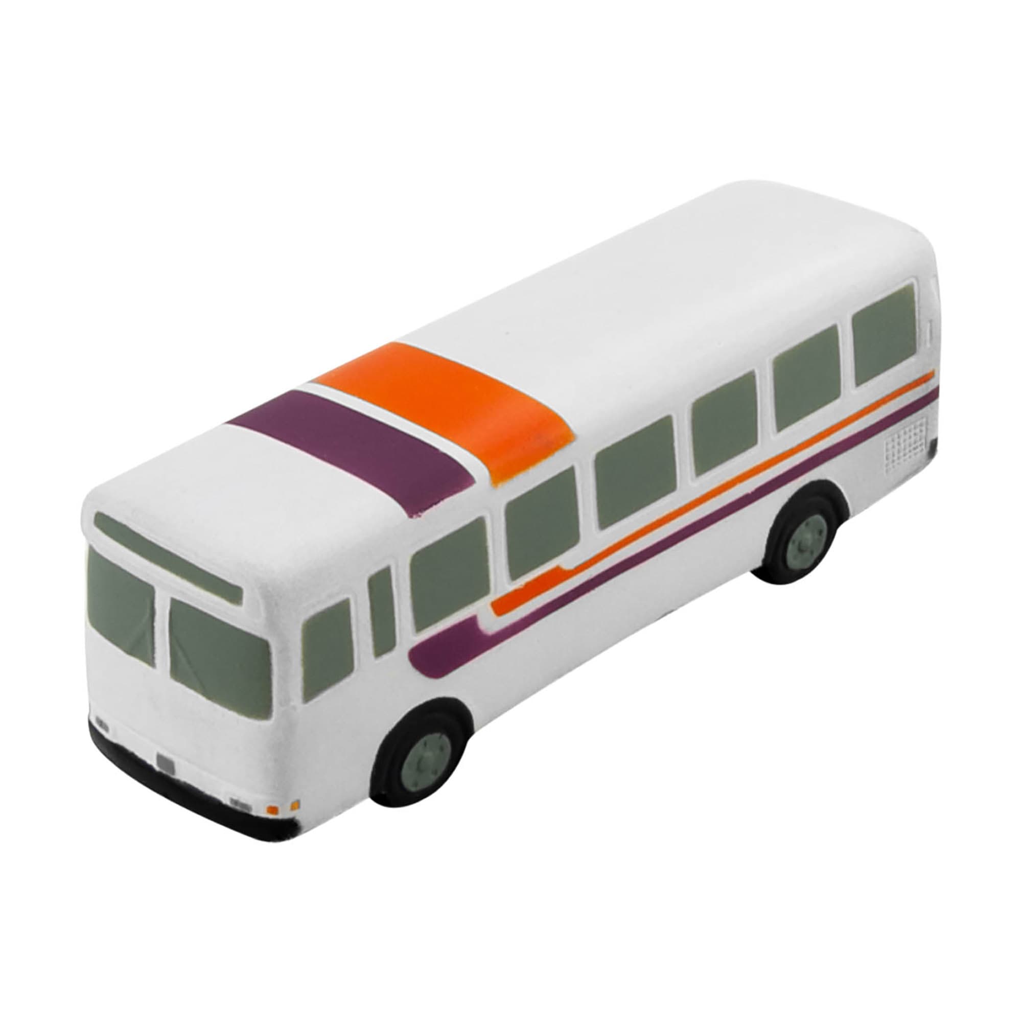 A stress bus in white, with orange and purple accents, designed for stress relief and fun. Features a logo. Stress Bus White - Image 1