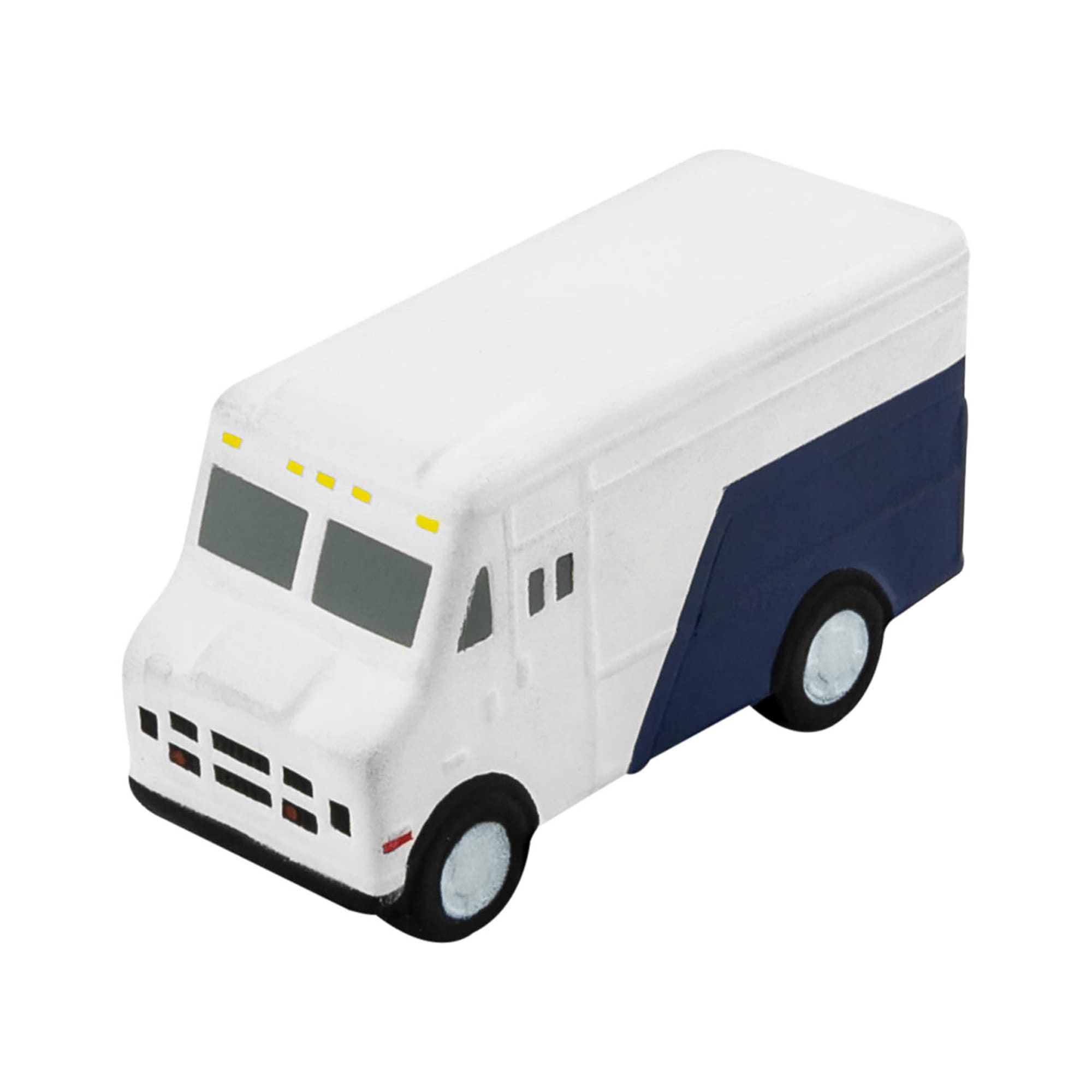 A white and navy stress toy shaped like a commercial van, featuring simple details and a smooth surface. Stress Commercial Van - Image 1
