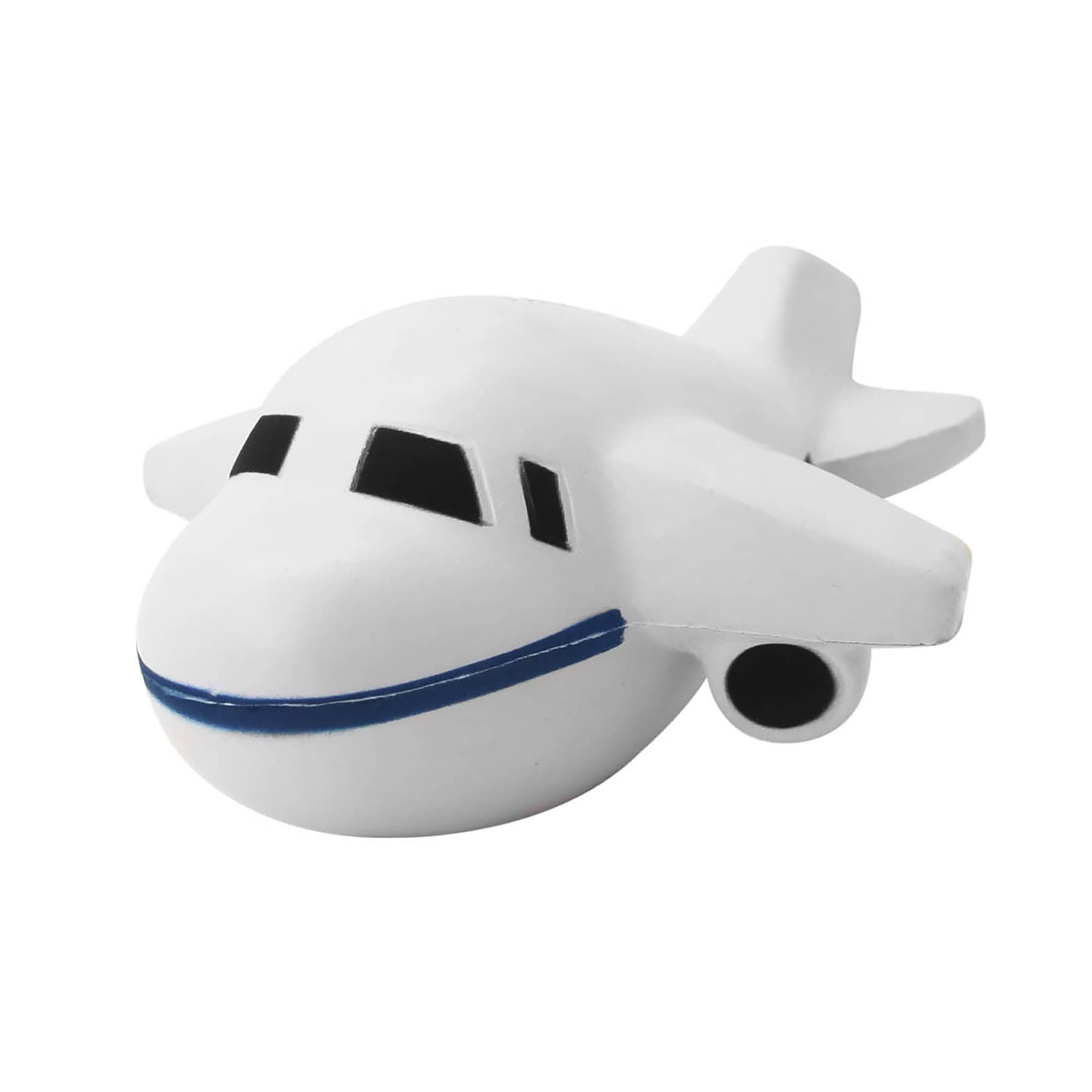 A white stress aeroplane with black windows and a blue stripe, featuring a logo on its side. Stress Large Aeroplane - Image 1