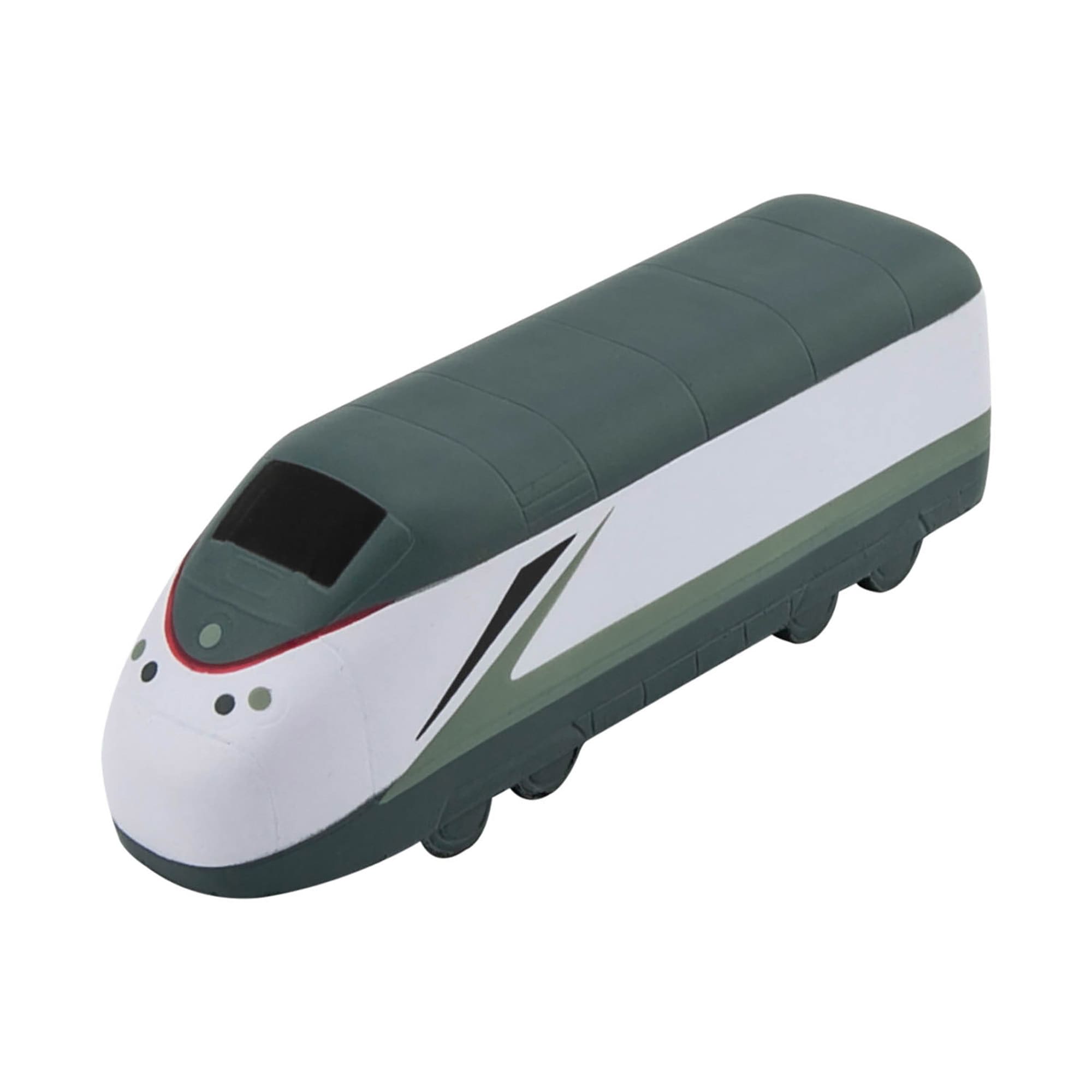 A stress reliever shaped like a green and white train, featuring a smooth, rounded design and a small logo. Stress Train - Image 1
