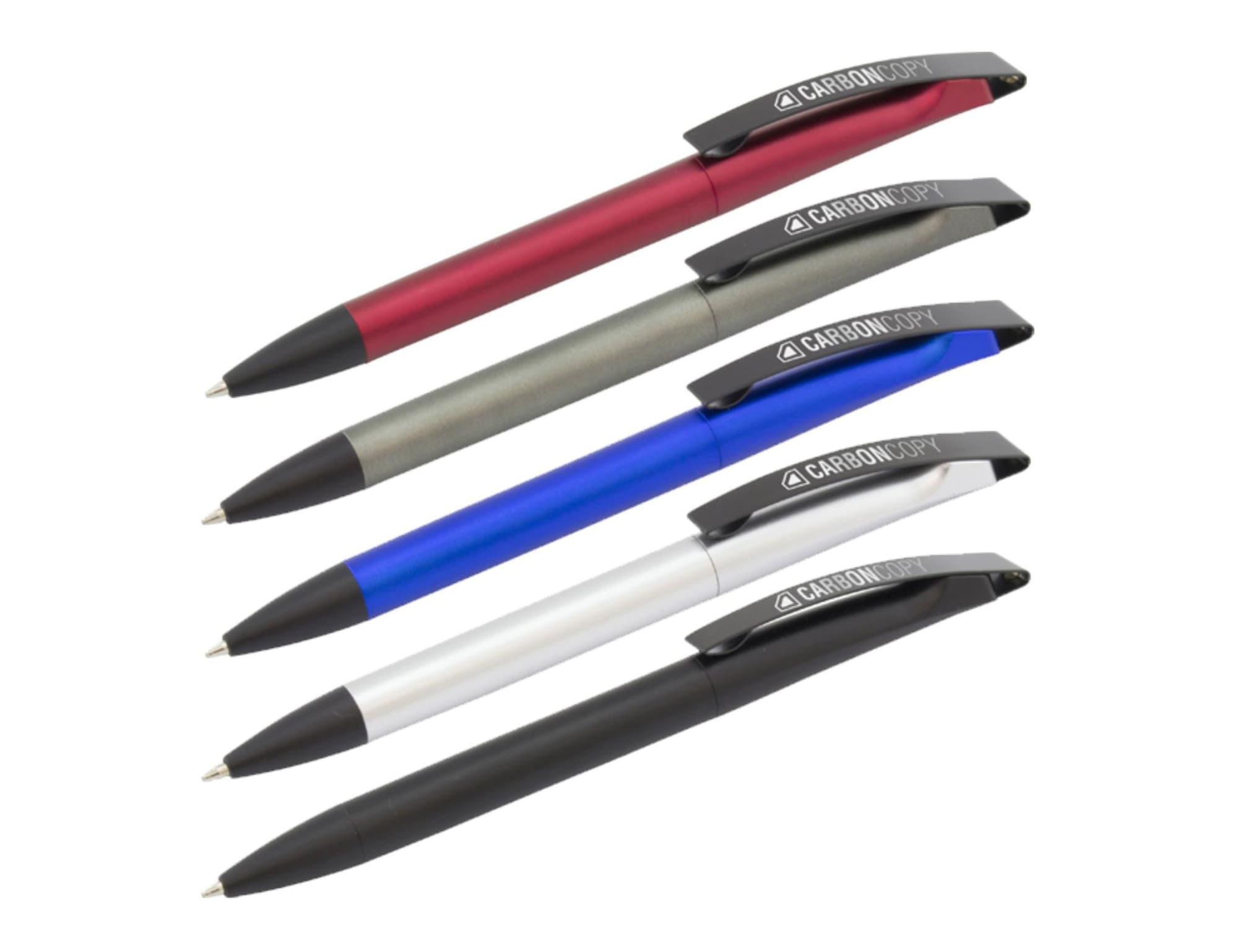A collection of five plastic pens in red, grey, blue, silver, and black, each with a logo on the clip. Stealth Pen - Image 1