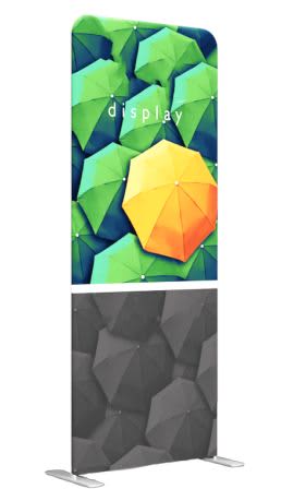 A promotional display featuring a vibrant design with green and orange umbrellas. Includes a logo at the top. A promotional display featuring a vibrant design with green and orange umbrellas. Includes a logo at the top.