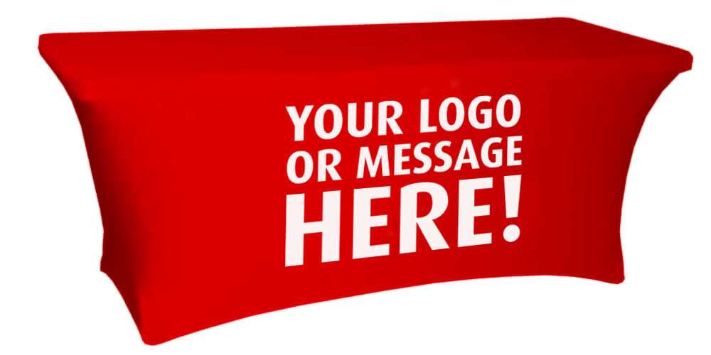 A red stretch table cover with a logo space, designed to fit a 4-foot table. 4 Foot Stretch Table Cover / Table Cloth - Image 1