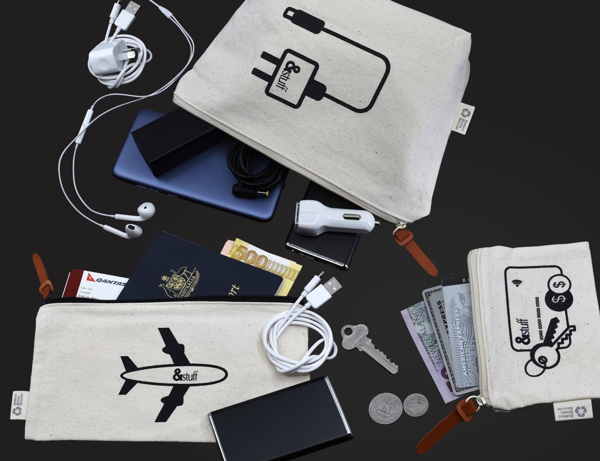 A beige travel set includes bags with various electronic accessories, a phone, cash, coins, and travel documents. Calico Travel Set - Image 1