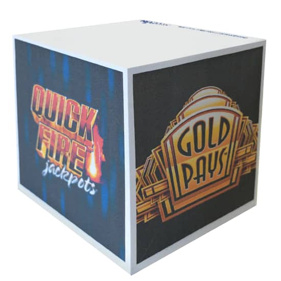 A printed note cube featuring vibrant multi-coloured designs on all sides, including text and logos. Stuk Note Cube 100x100 4 Colour 910 Leaf- Cube Printed On Four Sides - Image 1