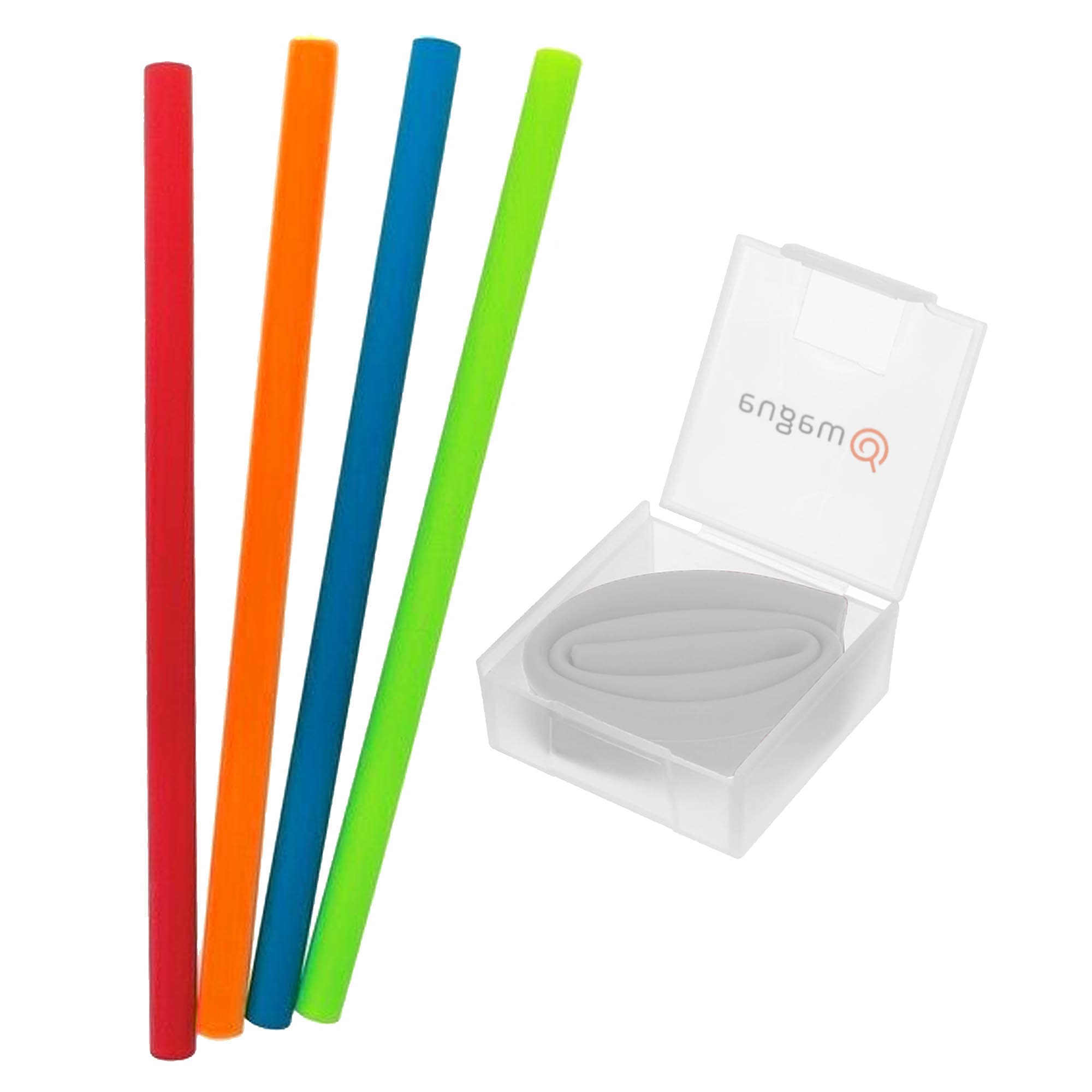 A set of four silicone straws in red, orange, blue, and green, housed in a clear case with branding. Deno Silicone Straw - Image 1
