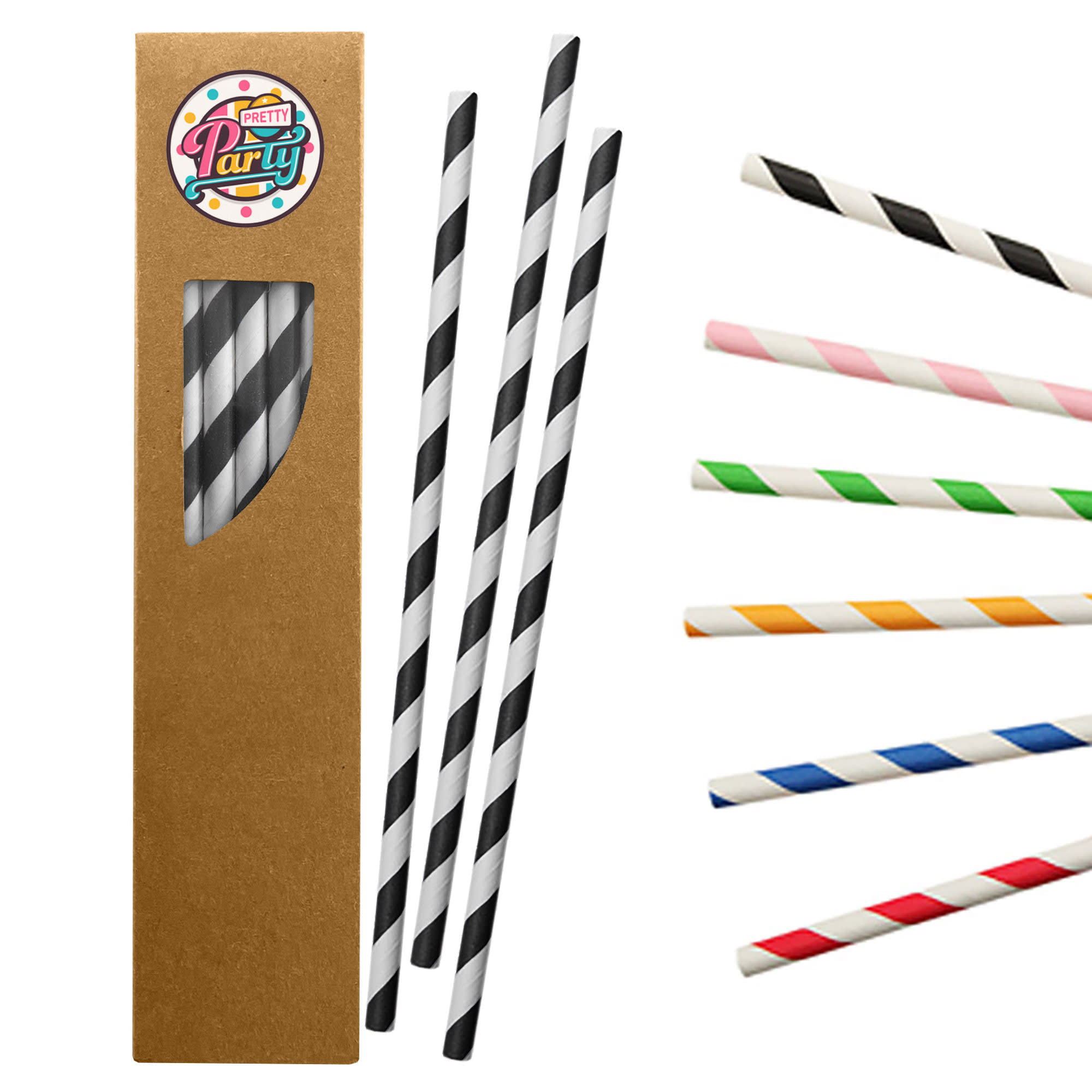 A box of paper drinking straws in black, white, pink, green, orange, and red with a logo on the packaging. Paper Straw - Image 1