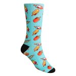 Full sublimation socks featuring a playful ice cream popsicle design on a light blue background. Black accents on the toe and cuff.