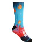 A pair of full socks in blue and red, featuring flame designs and a logo on the side.