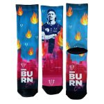 Sublimated socks featuring a blue background with flames and a bold graphic design in vibrant colours.