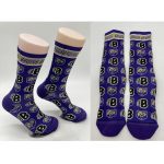 Purple socks featuring bear graphics and a logo, designed for sublimation. Two pairs are displayed.
