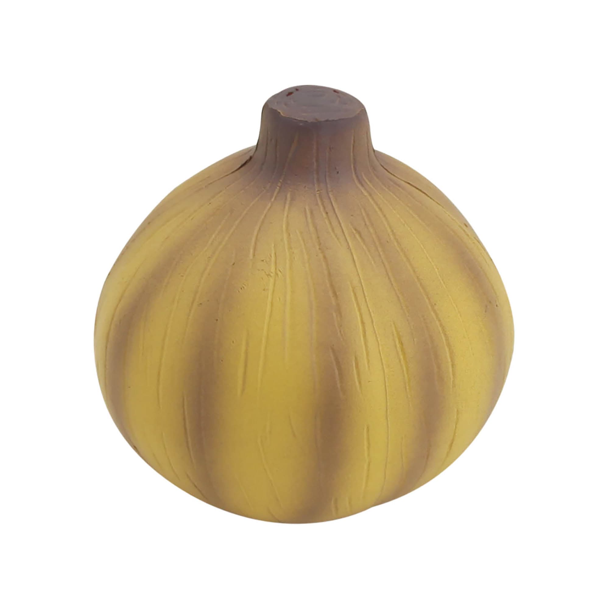 A yellow stress toy shaped like an onion, featuring textured grooves and a brown top. It has a simple branding logo. Stress Onions - Image 1