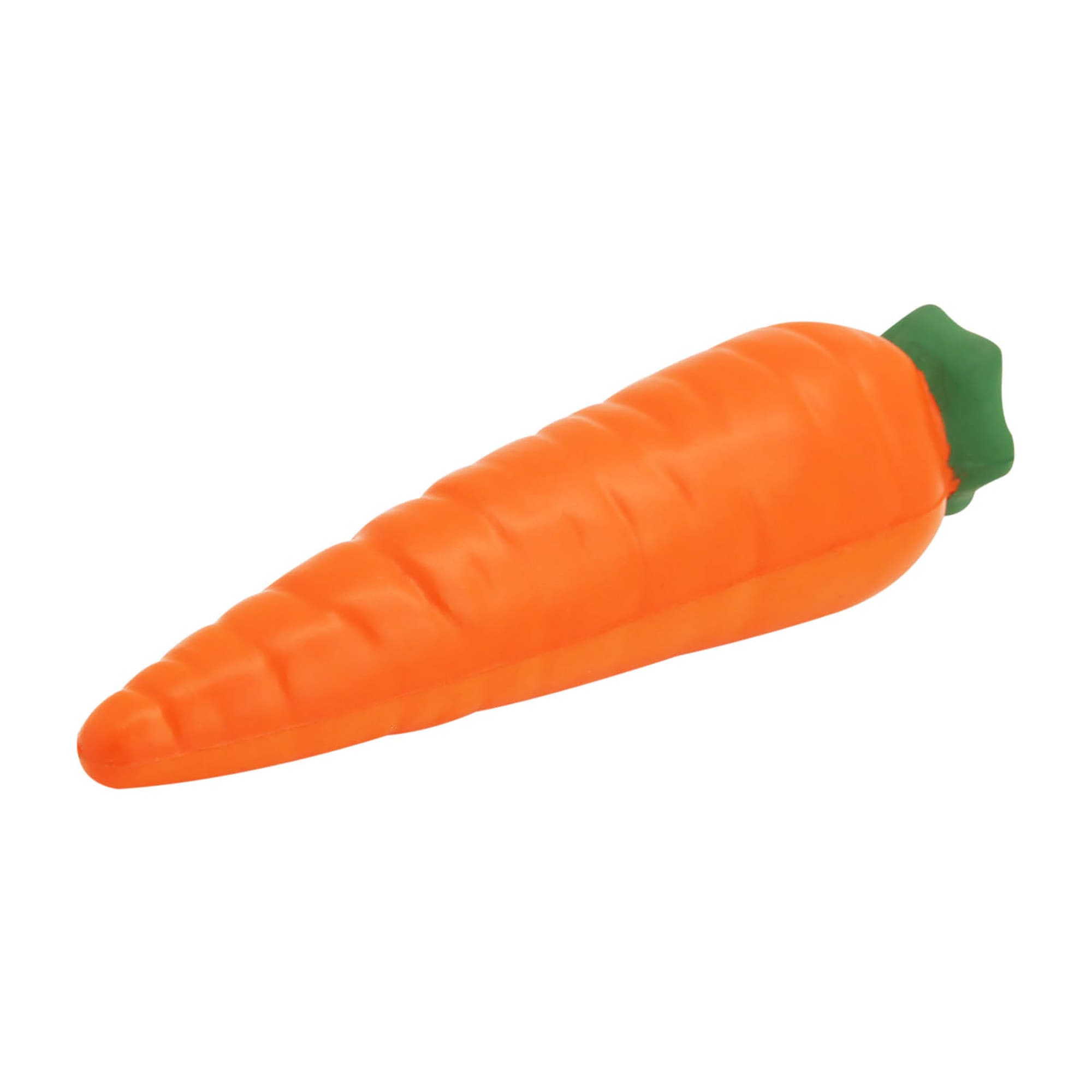 An orange carrot-shaped stress toy with a green top, designed for stress relief and fun. Stress Carrot - Image 1