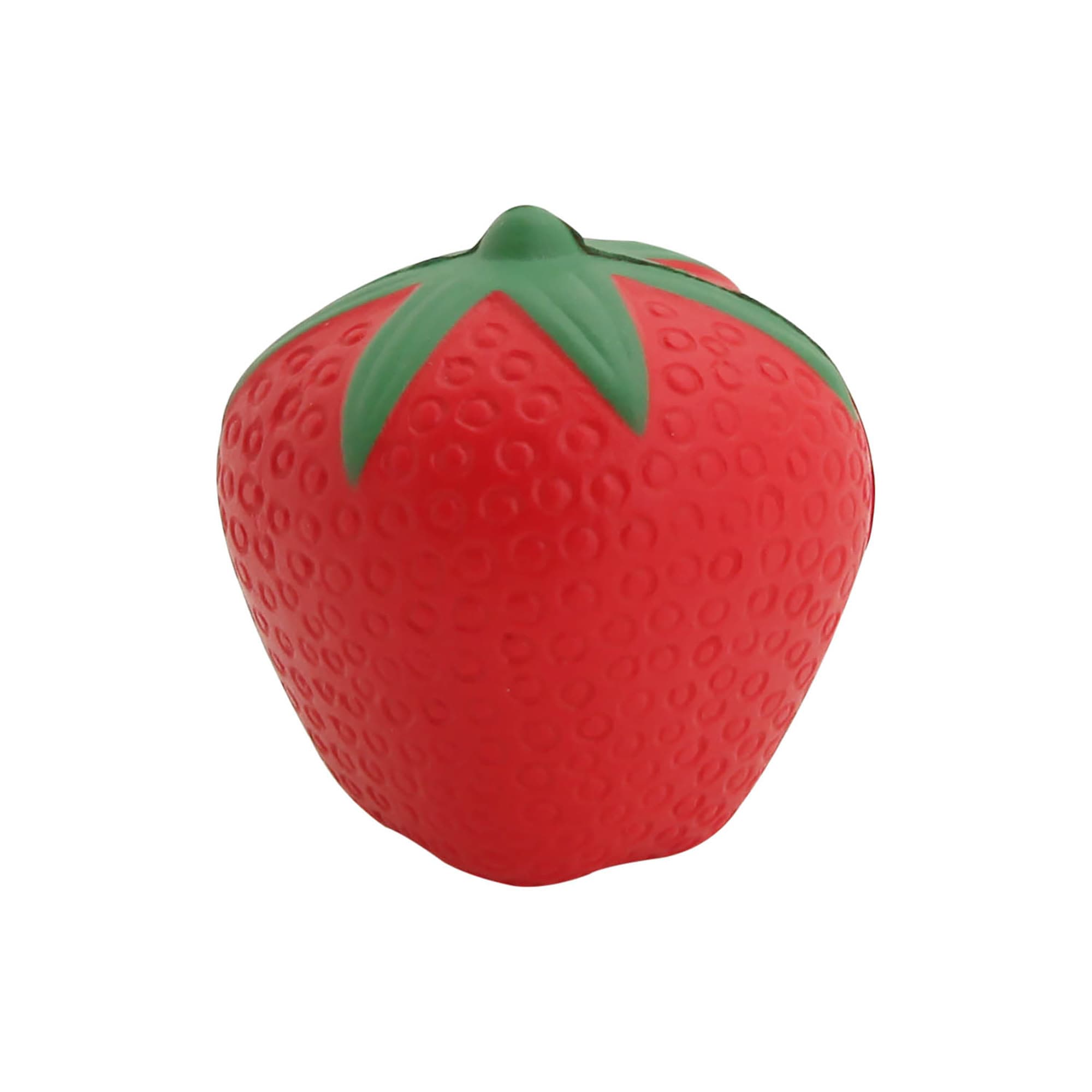A red stress strawberry with a green top, featuring a textured surface for grip. It has a logo on one side. Stress Strawberry - Image 1