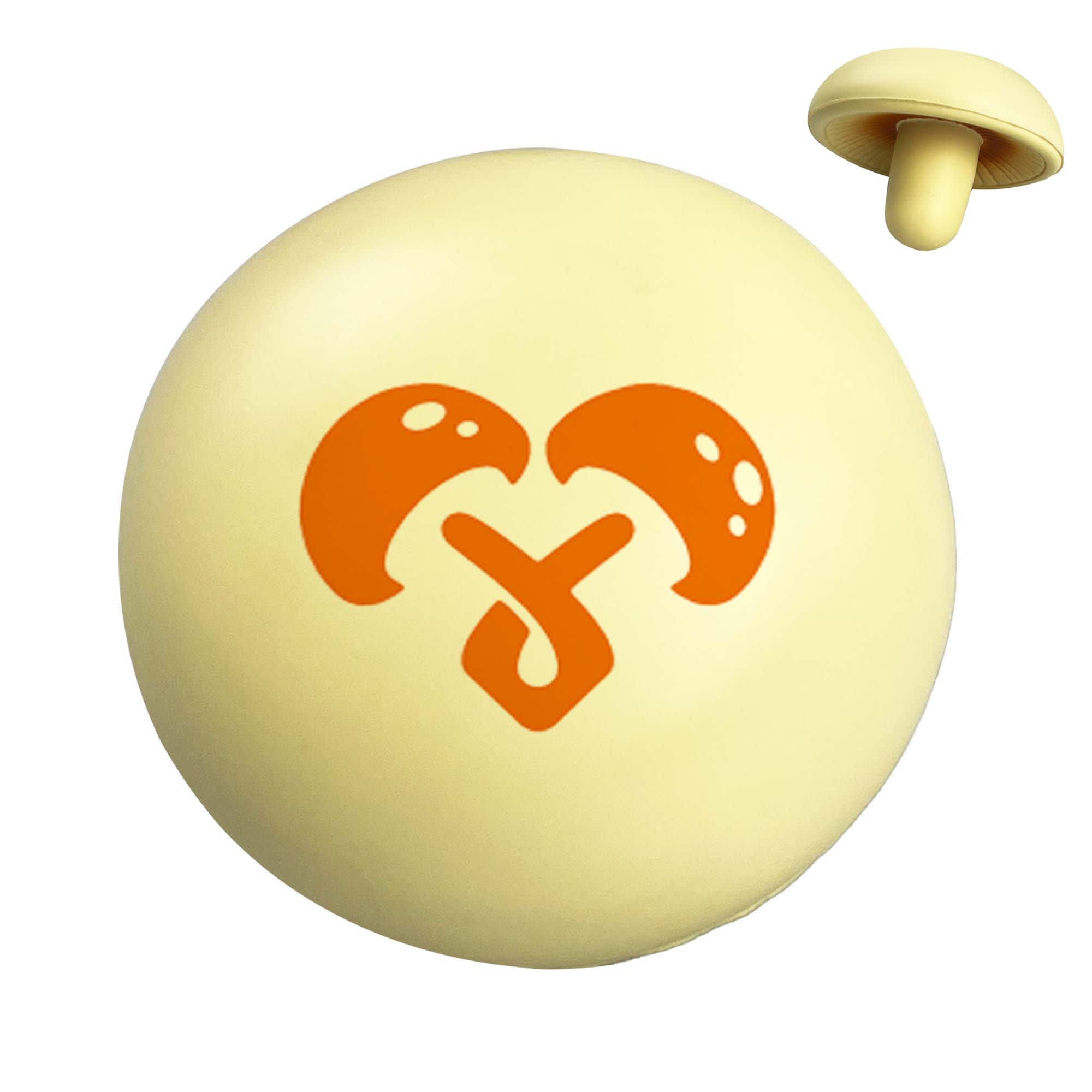 A yellow stress ball shaped like a mushroom, featuring an orange graphic on its surface and a smaller mushroom piece. Stress Mushroom - Image 1