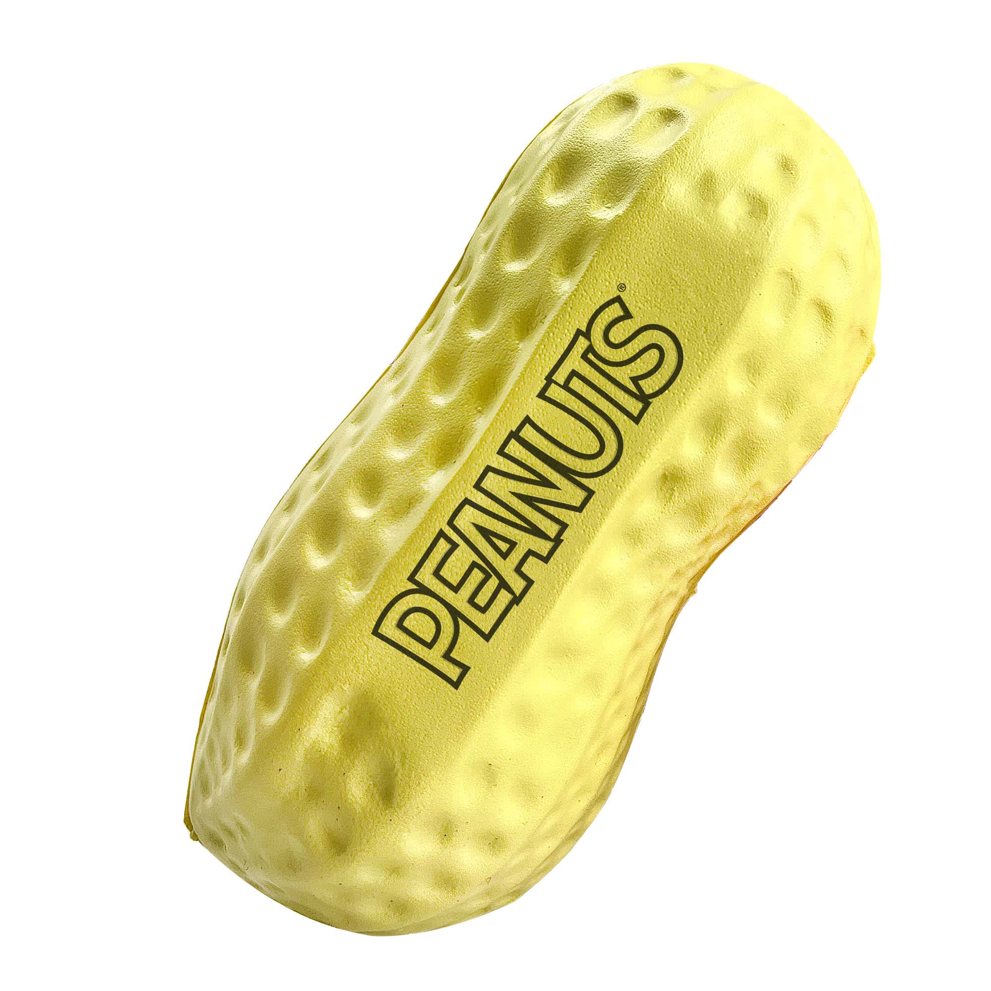 A yellow stress peanut with a textured surface and branding on one side, designed for fun and stress relief. Stress Peanut - Image 1