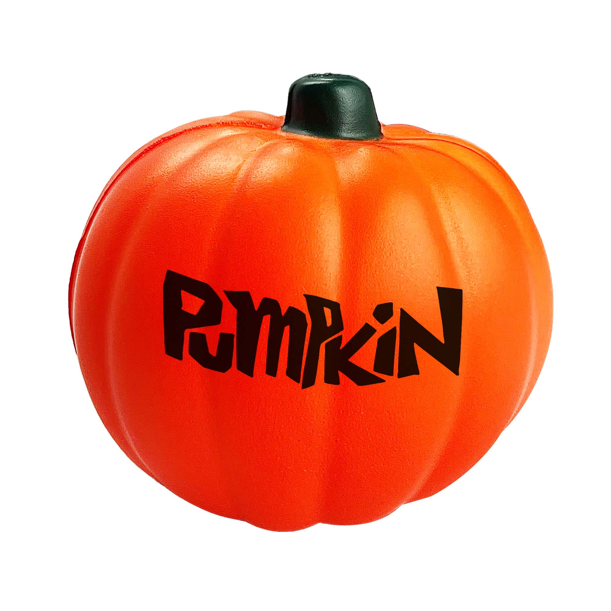 An orange stress pumpkin with a green stem, featuring a playful black text design. Stress Pumpkin - Image 1