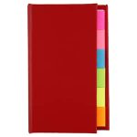 A red book containing assorted sticky note markers in bright pink, yellow, and green colours.