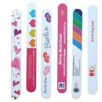 A set of nail filers featuring various designs and colours, including pink, purple, and multicoloured patterns.