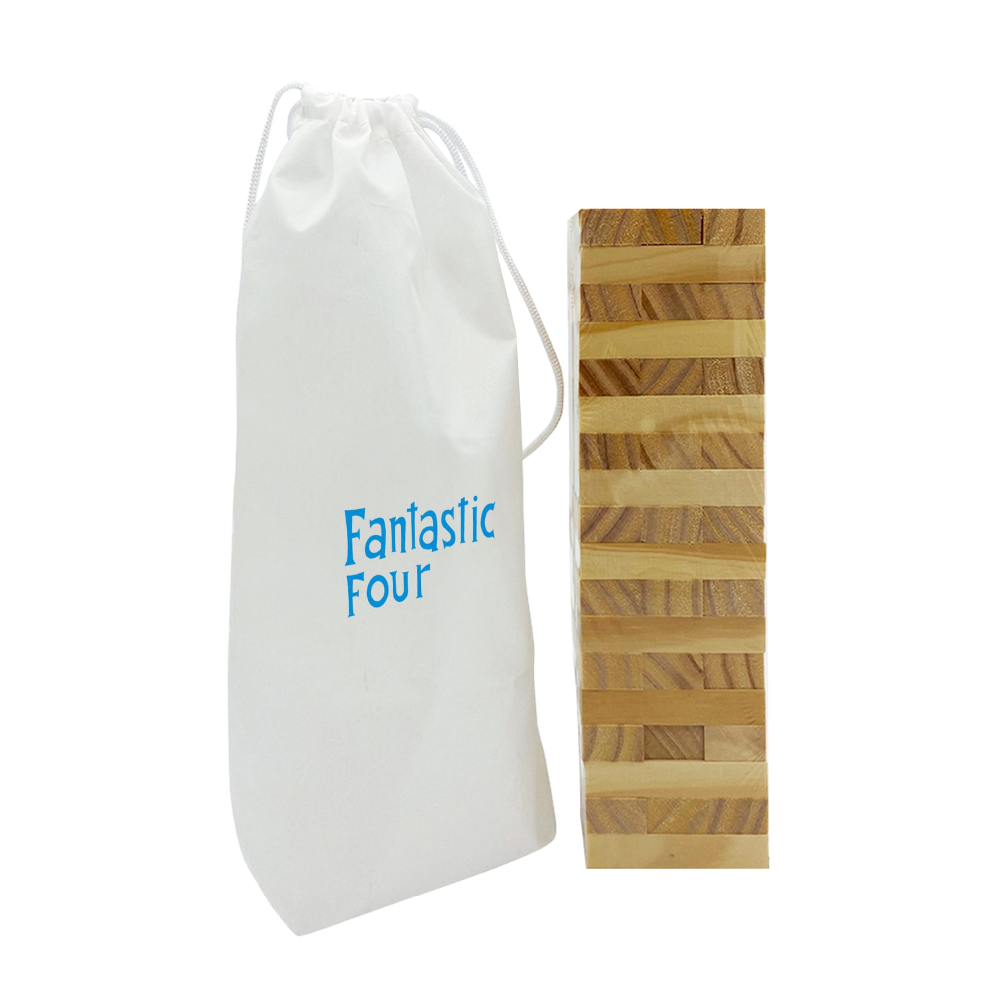 A stacking puzzle set made of wood, presented with a white pouch featuring a logo. Stacking Puzzle Set with Pouch - Image 1