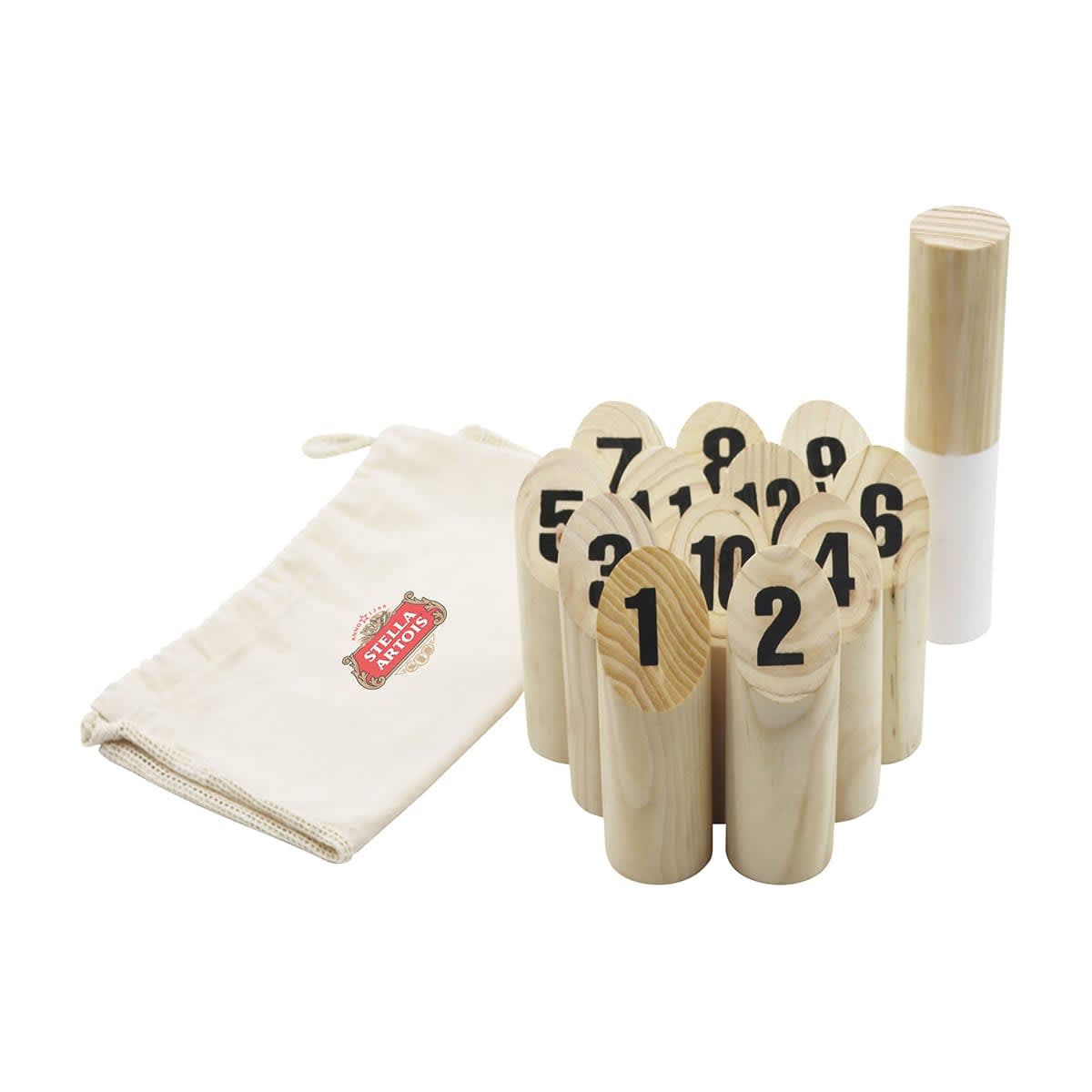 A set of wooden skittles numbered 1 to 10, with a white throwing stick and a storage bag. Skittle Throw - Image 1