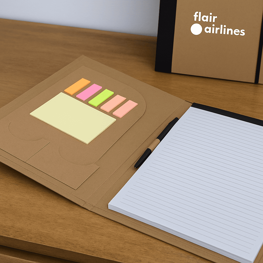 A brown A4 Padfolio featuring sticky notes, a pen, and lined paper inside. Includes a logo and a simple design. Chu Chu A4 Padfolio - Image 1