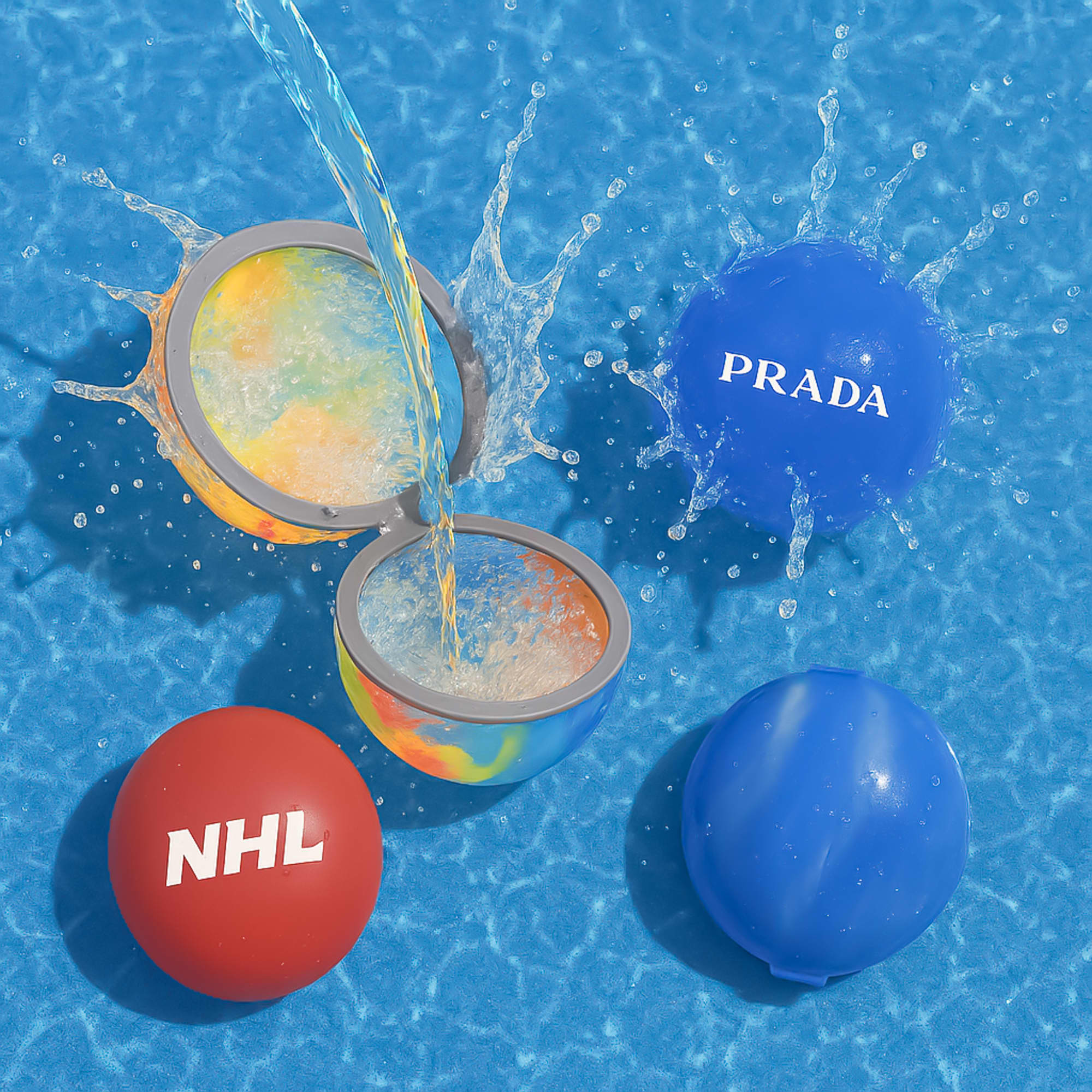A set of vibrant reusable water balloons in red, blue, and multicoloured designs, beside a splash of water. Splash-O-Matic Reusable Water Balloon - Image 1