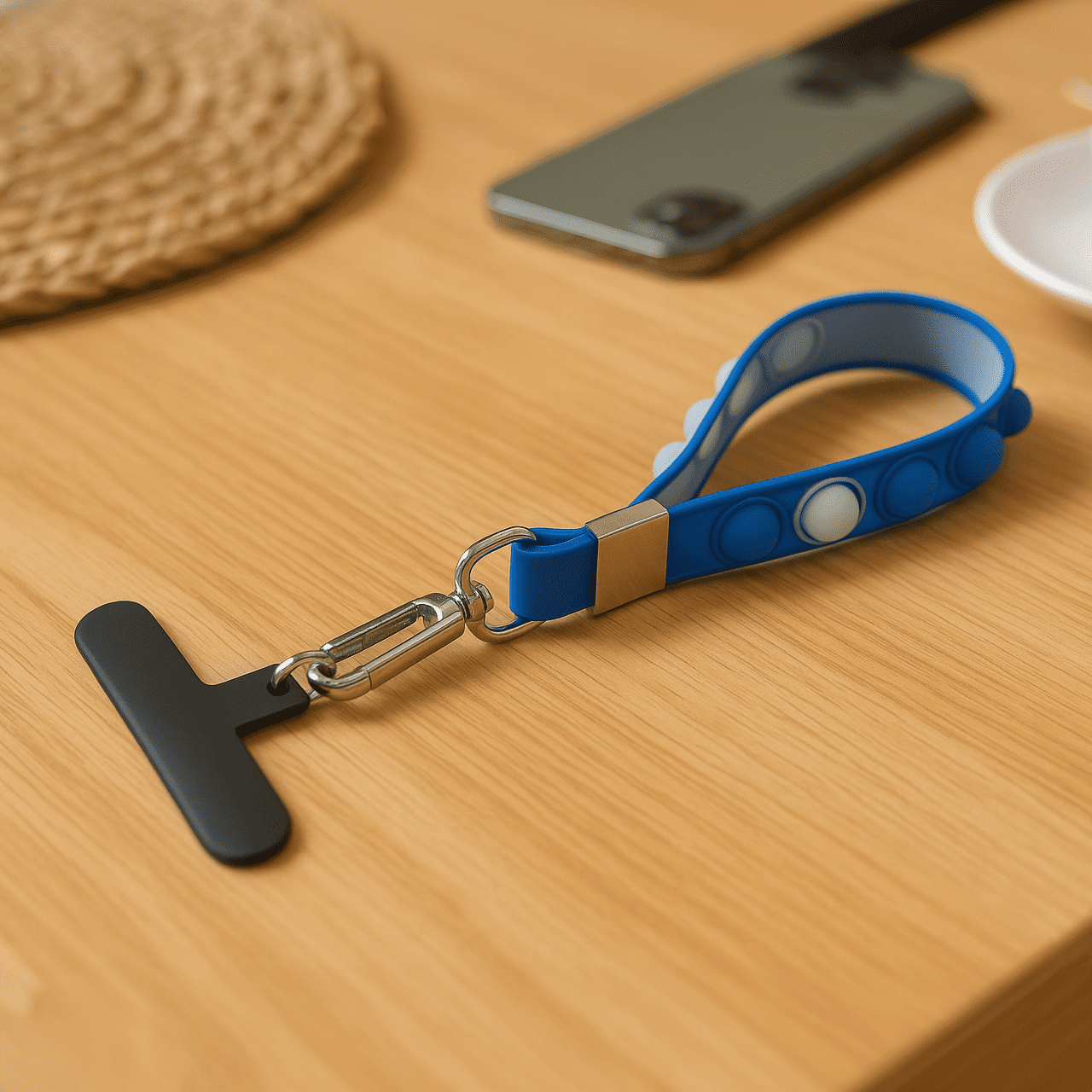 A blue wristlet with a T-shaped clip and a carabiner, resting on a wooden table next to a phone. Popper Phone Tether Wristlet - Image 1