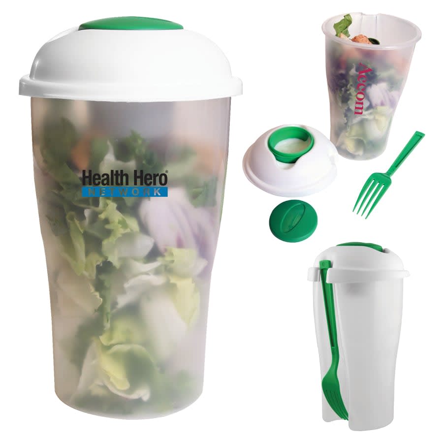 A clear salad shaker with a white lid and green accents, featuring a fork and a compartment for utensils. The Newton Salad Shaker - Image 1