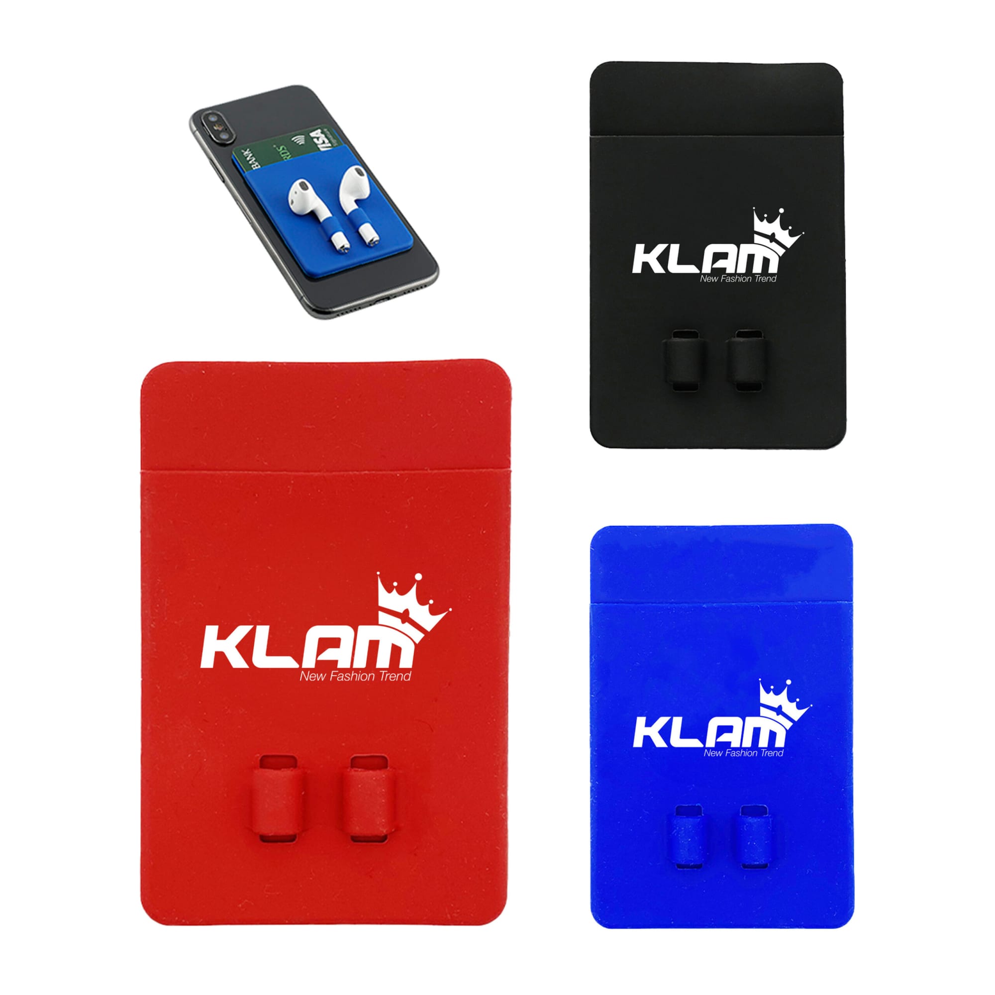 Three silicone phone wallets in red, black, and blue, featuring slots for holding items, with branding visible. Silicone Phone Wallet - Image 1