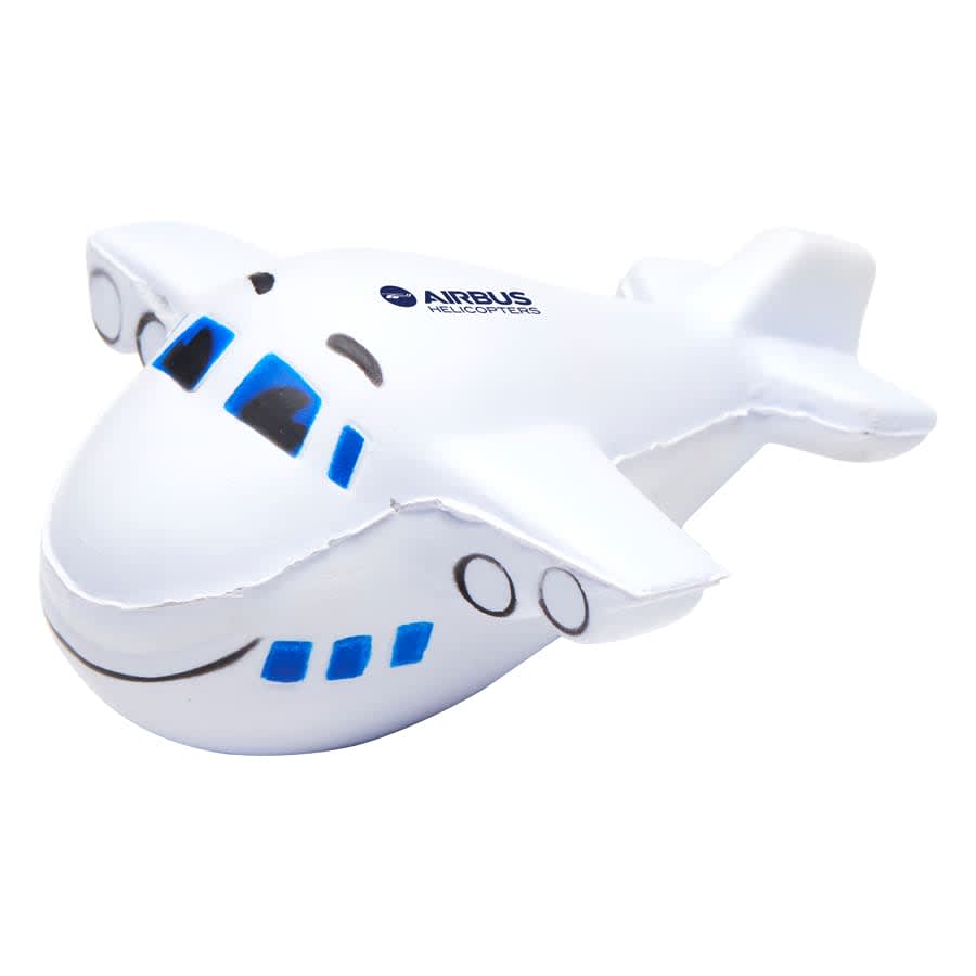 A white stress toy shaped like an airplane, featuring a smiling face and blue details. It has a logo on it. Squeeze Airplane - Image 1