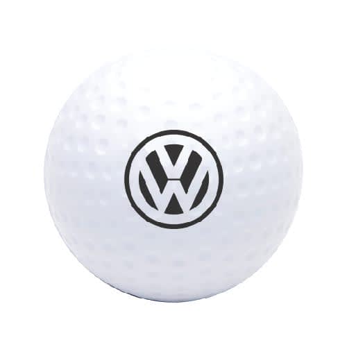 A white stress ball in the shape of a golf ball, featuring a black logo in the centre. Squeeze Golf Ball - Image 1