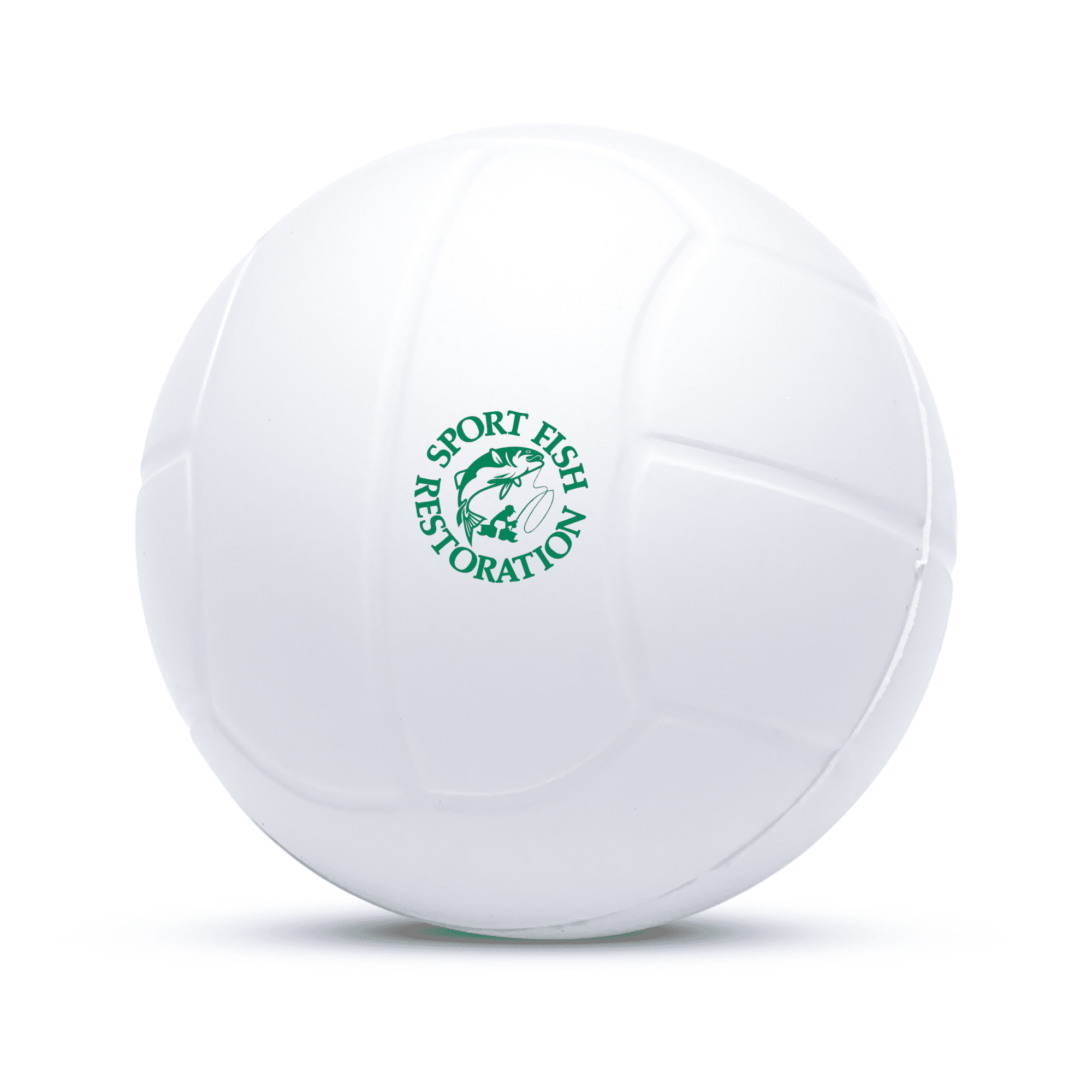 A white stress ball designed like a volleyball, featuring a circular logo. Squeeze Volley Ball - Image 1