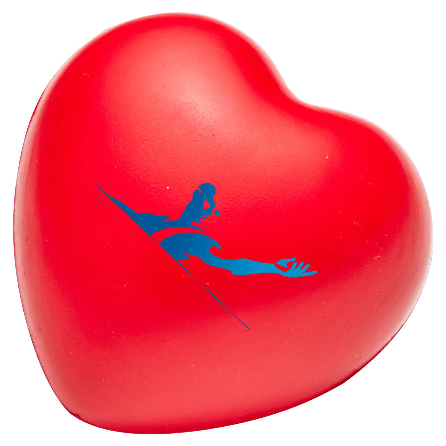 A bright red heart-shaped stress ball featuring a blue logo design. Squeeze Heart - Image 1
